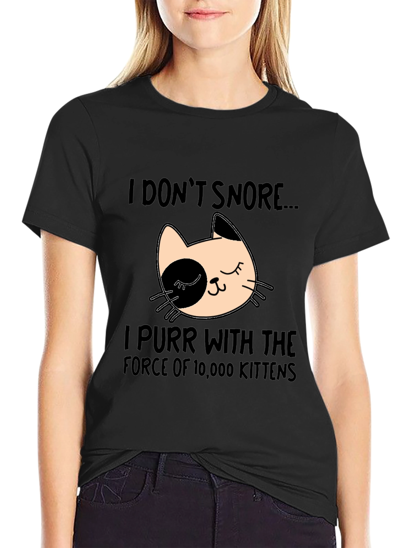 Black Funny Cat Purr T-Shirt - I Don't Snore view 2
