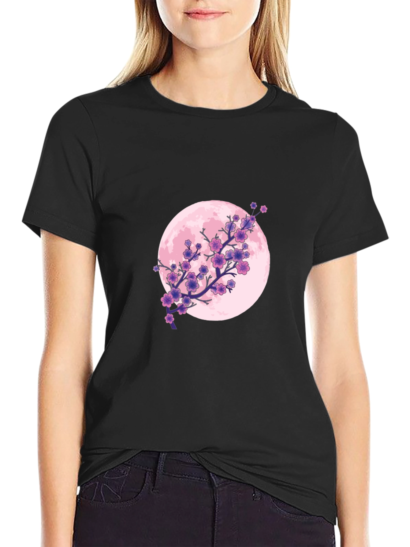 Black Floral Moon Graphic Tee - Black Cotton T-Shirt view 2