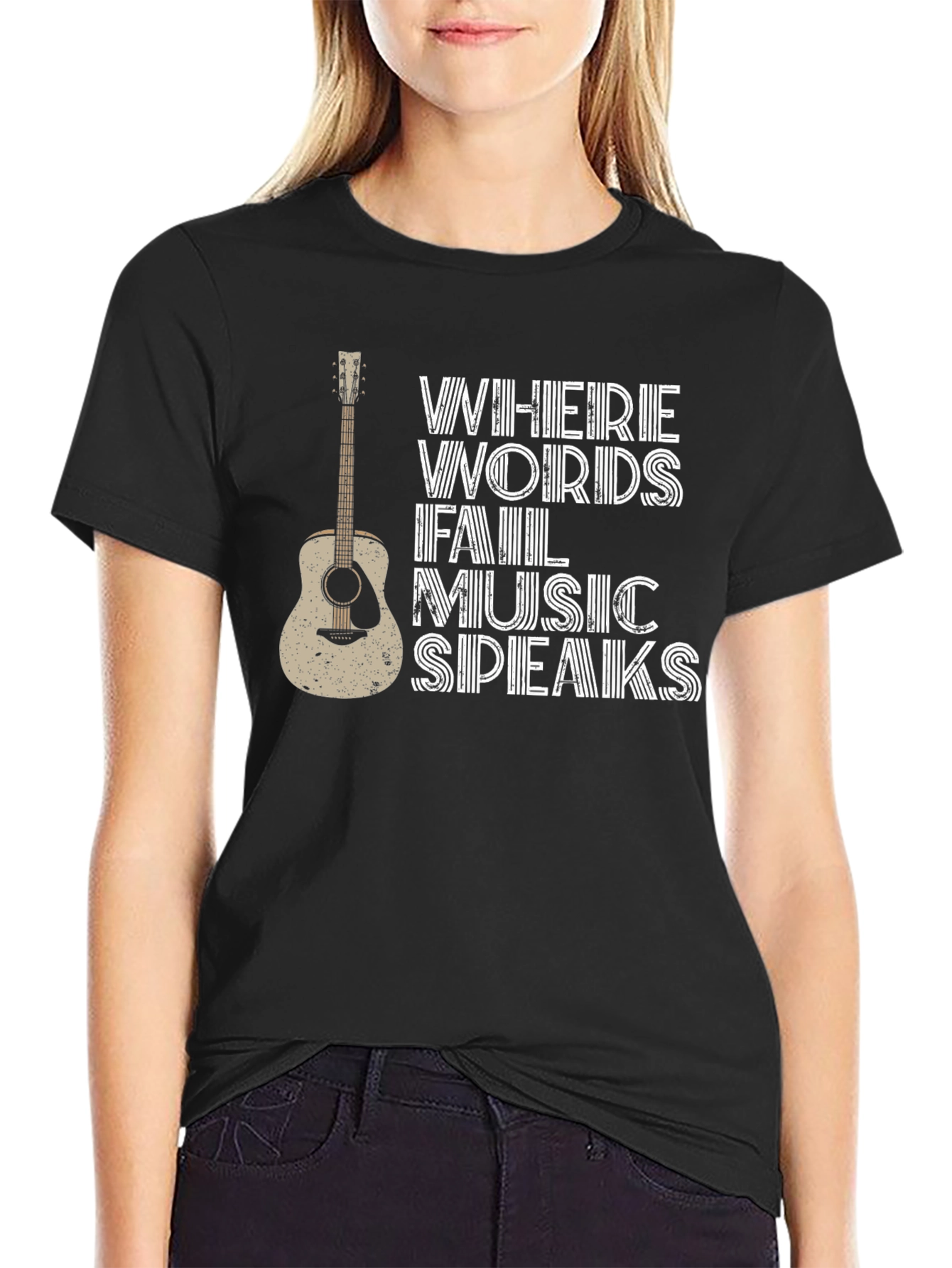 Black Where Words Fail Music Speaks T-Shirt view 2