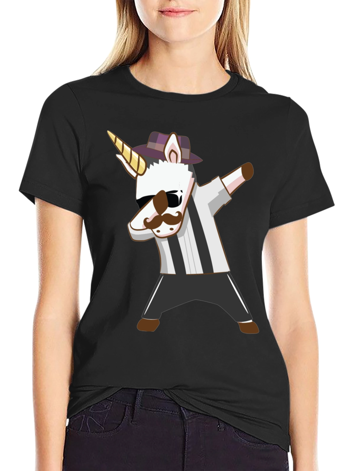 Black Dabbing Unicorn T-Shirt: Unique Cartoon Design view 2