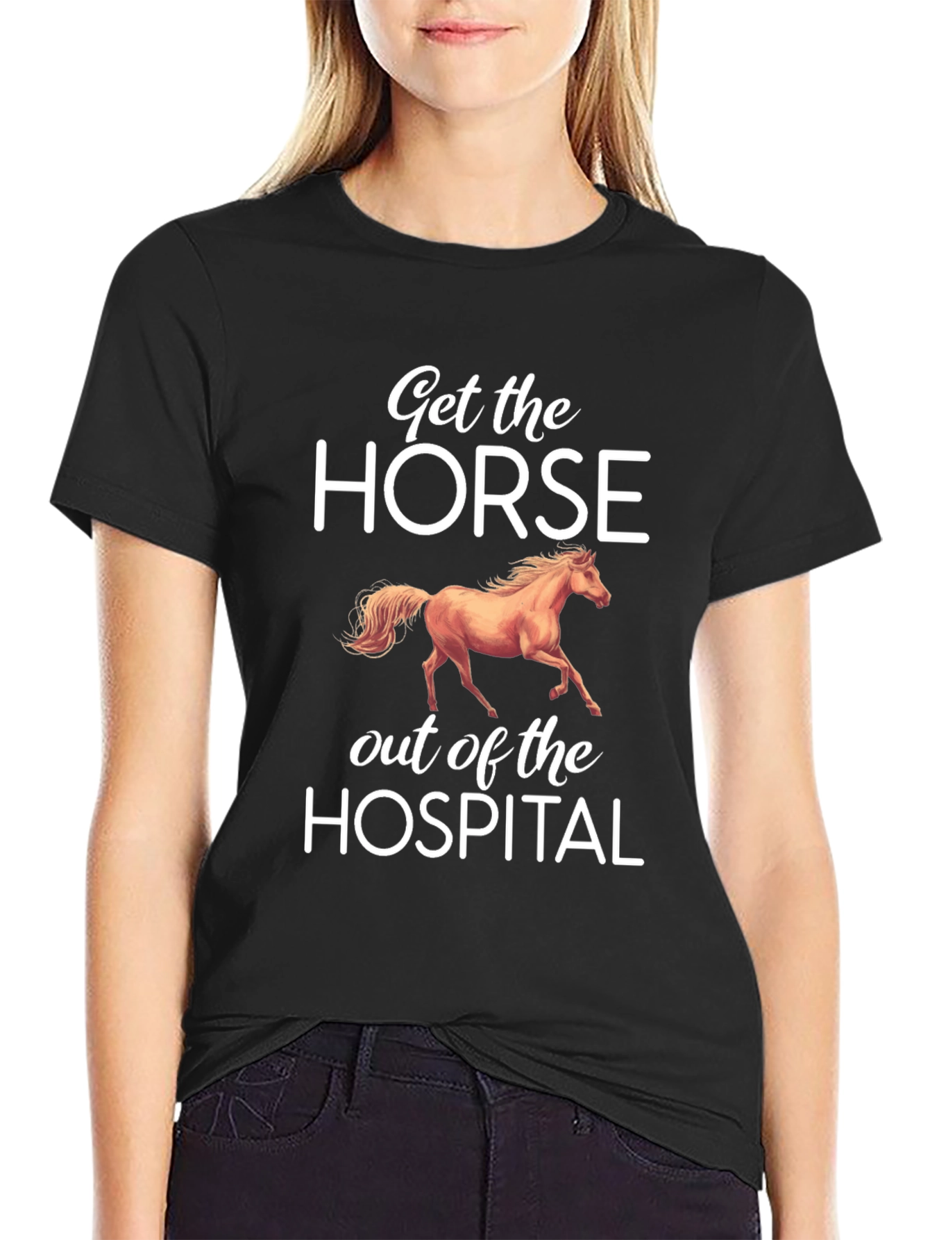 Black Funny Horse Hospital T-Shirt | Get the Horse Out view 2
