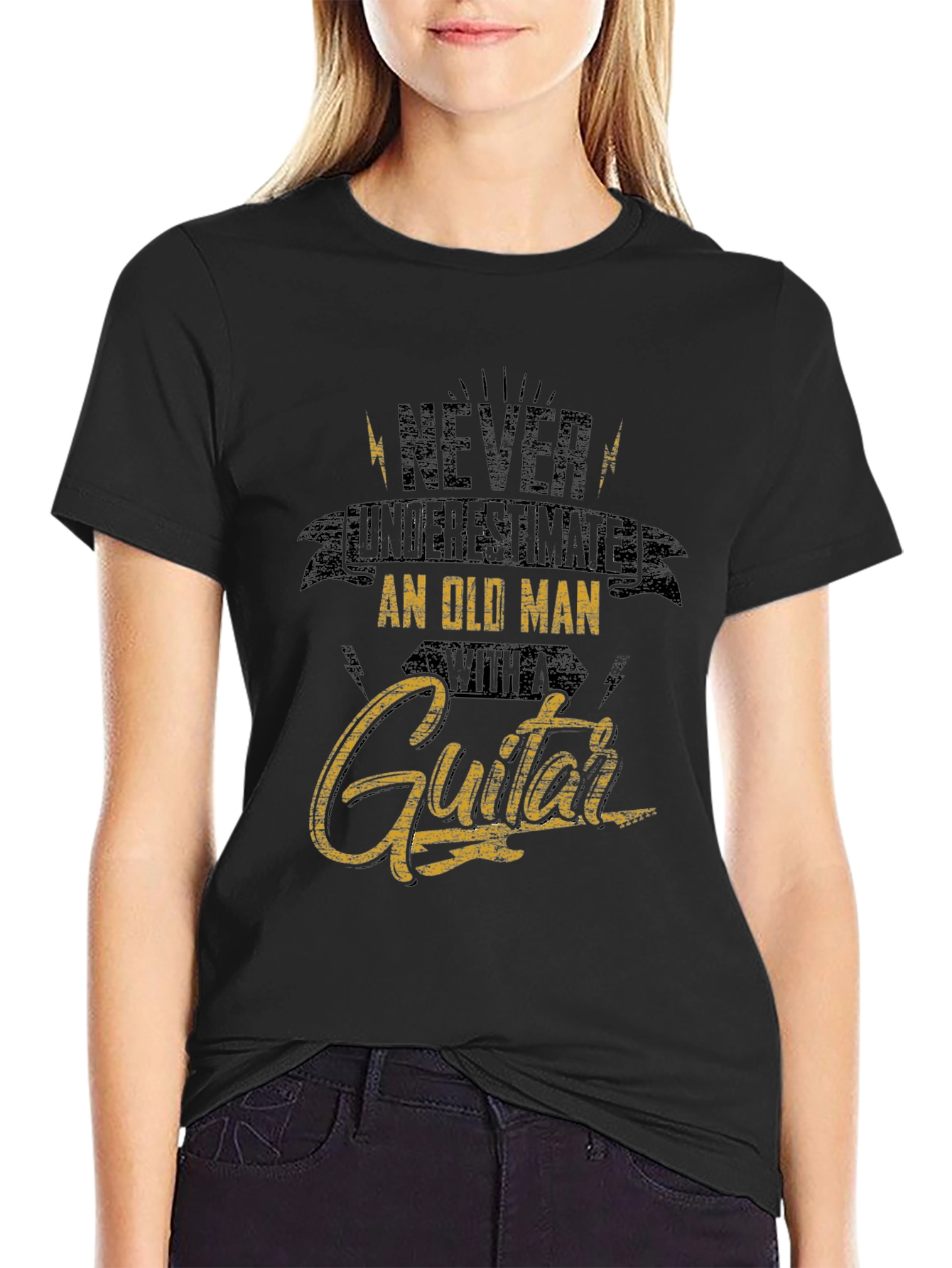 Black Never Underestimate Old Man Guitar T-Shirt view 2