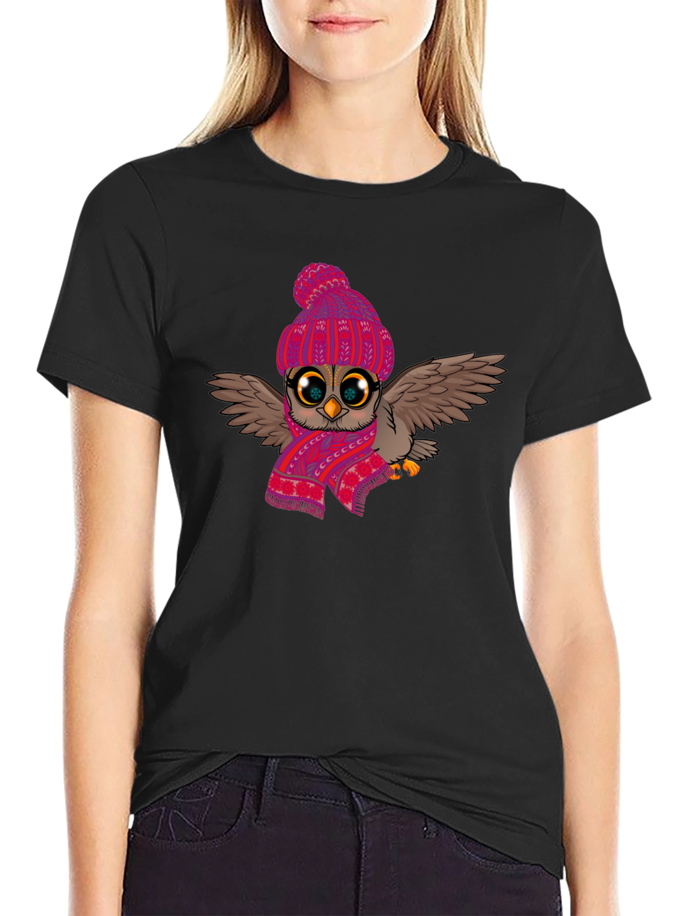 Black Winter Owl T-Shirt: Cute Cartoon Bird with Scarf & Hat view 2