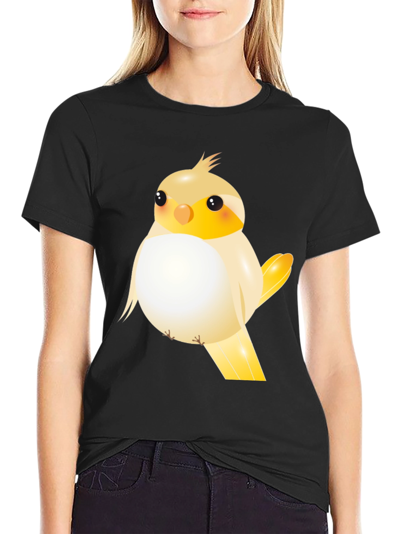 Black Cute Cartoon Bird Graphic T-Shirt view 2