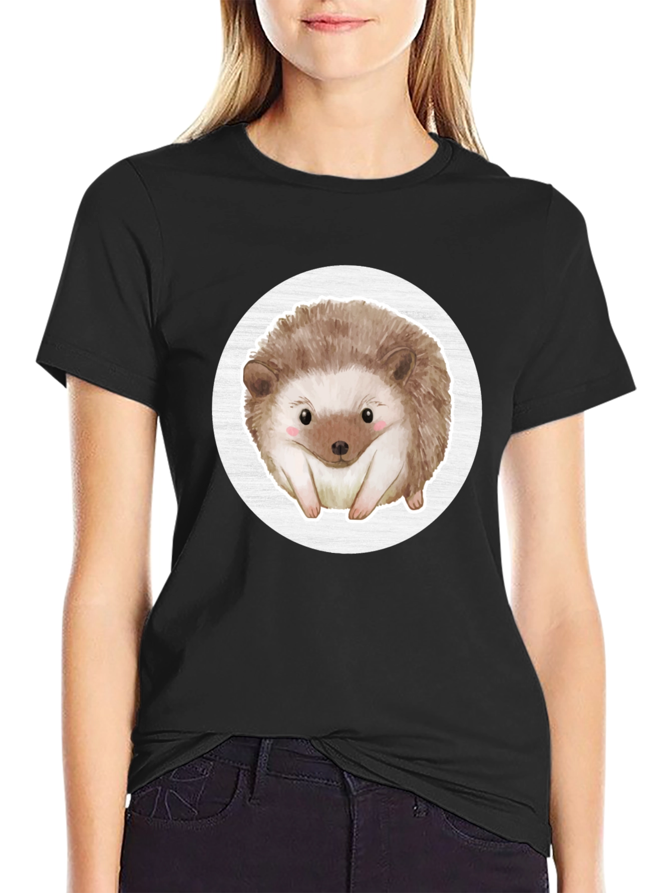 Black Cute Hedgehog Graphic Tee - Black Cotton Casual Shirt view 2