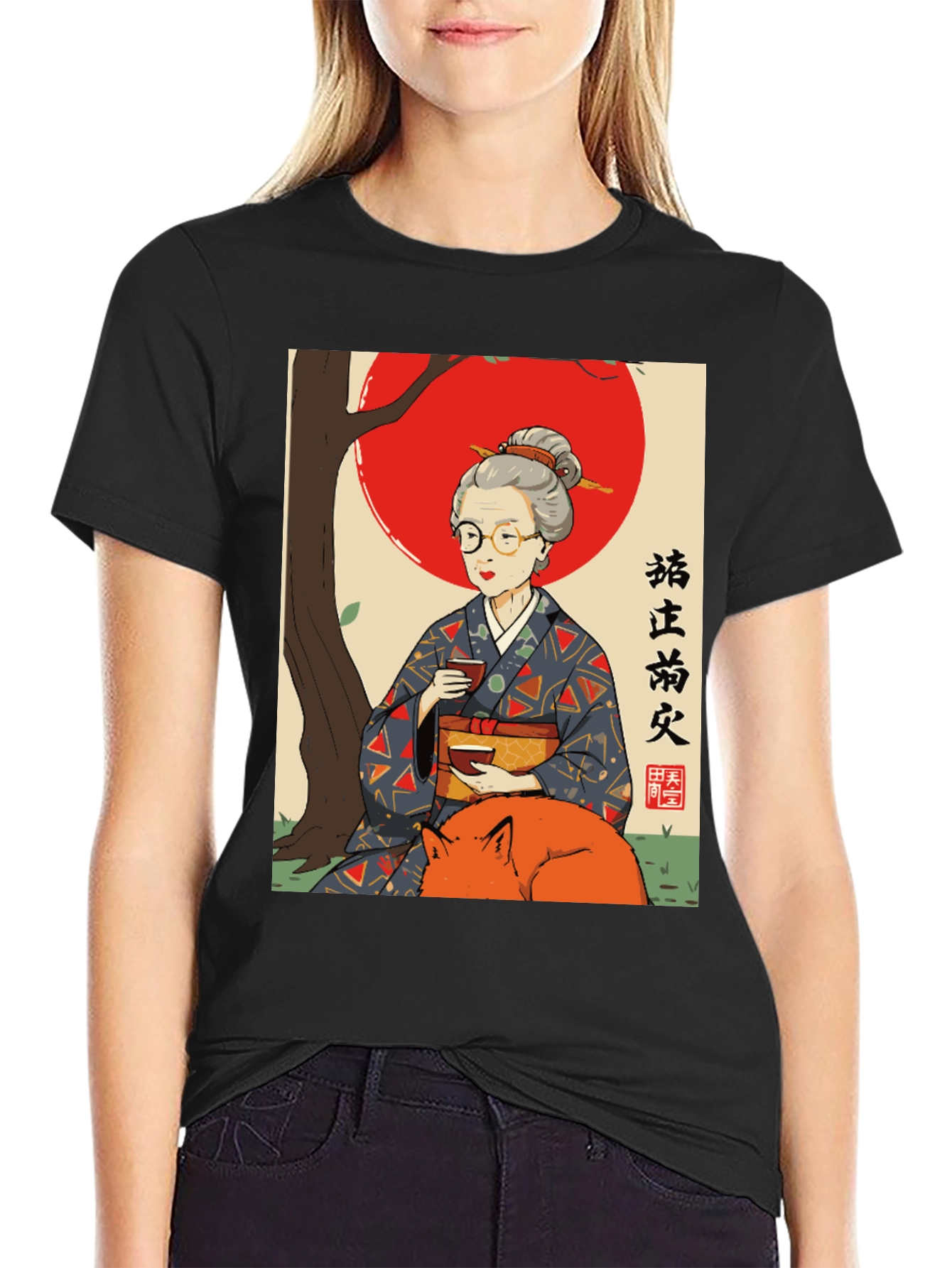 Black Japanese Art T-Shirt - Fox & Lady Design view 2