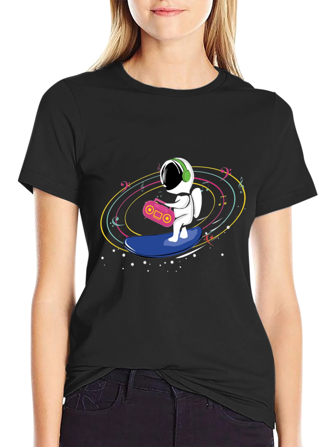 Black Astronaut Surfing T-Shirt - Space Music Vibes view 2