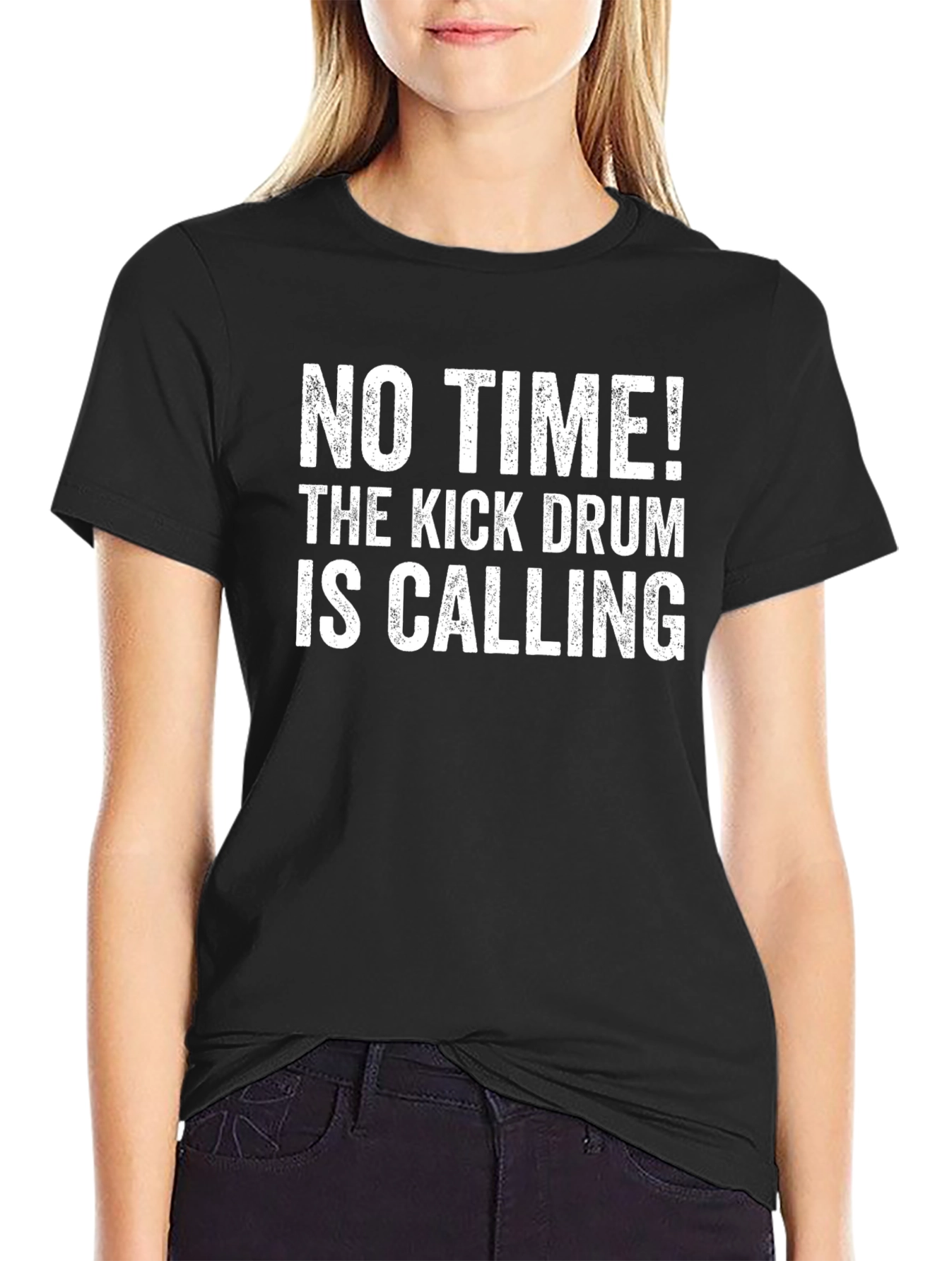 Black Funny Drummer T-Shirt - "No Time! Kick Drum Calling" view 2