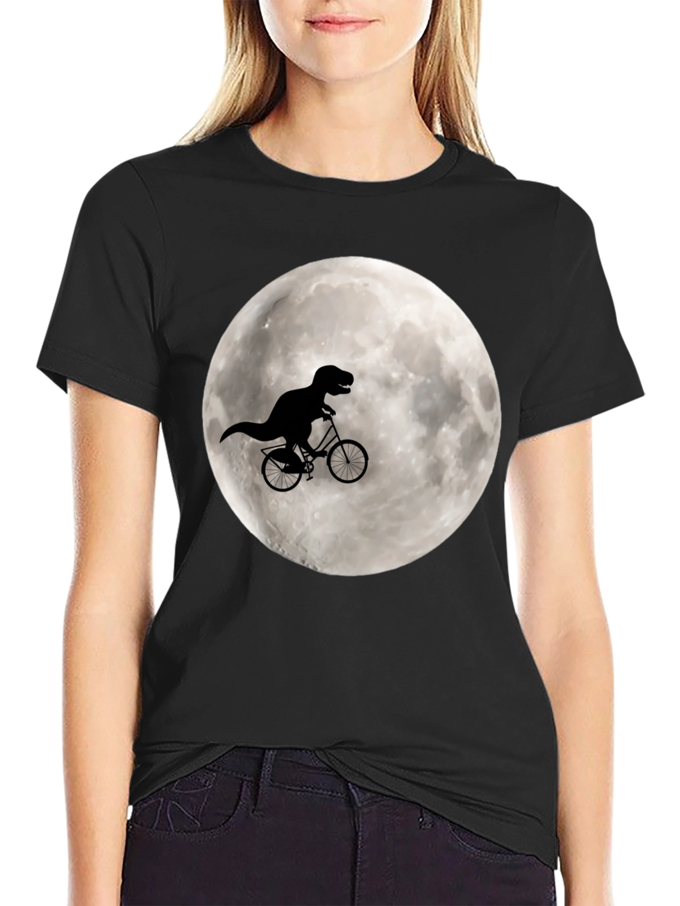 Black Dino Biker Tee - T-Rex Riding Bike on Moon Shirt view 2