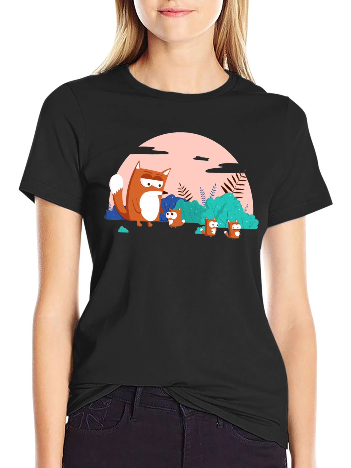 Black Cartoon Fox Family Black T-Shirt view 2
