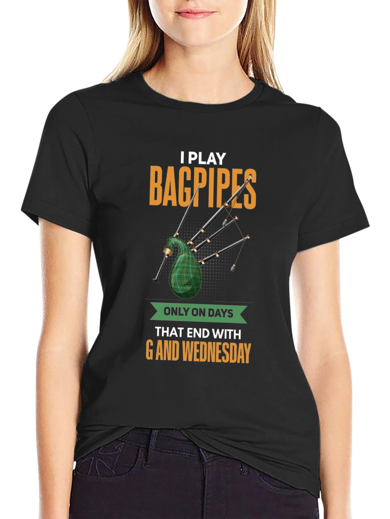 Black Funny Bagpipes T-Shirt - Days Ending in 'G' view 2