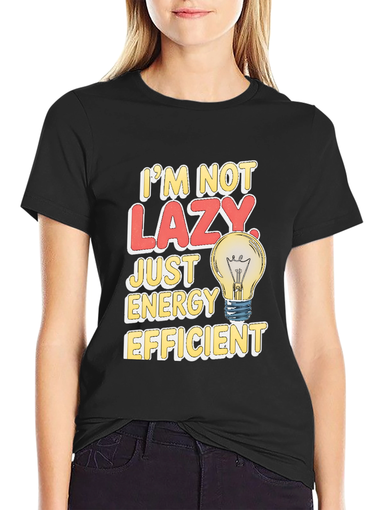 Black Funny Energy Efficient Lazy Light Bulb T-Shirt view 2