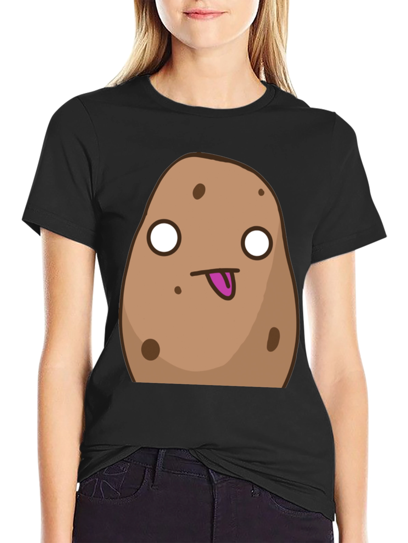Black Funny Cartoon Potato Graphic Black T-Shirt view 2