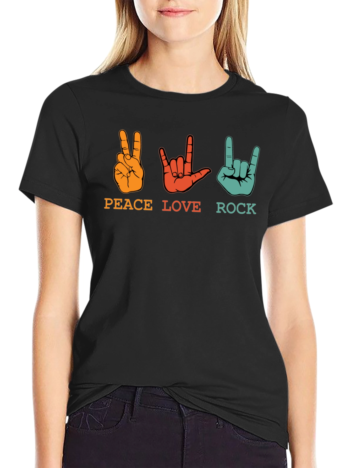 Black Peace Love Rock Graphic Tee - Black Unisex T-Shirt view 2