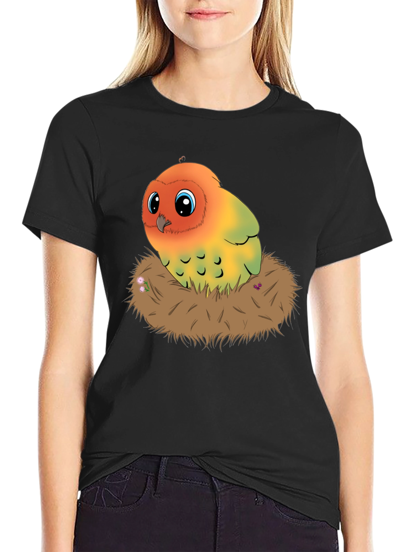 Black Cute Lovebird in Nest Graphic Tee view 2