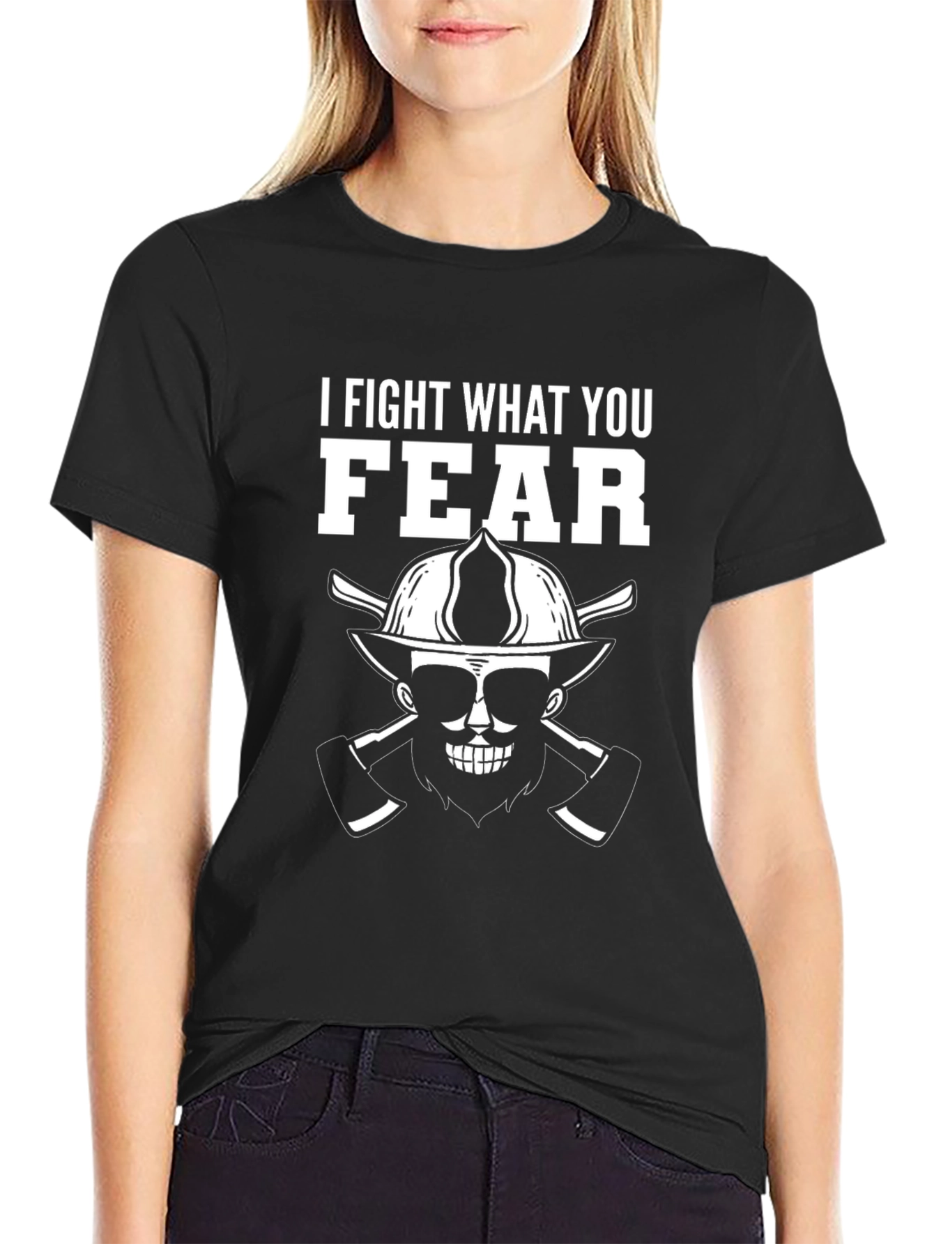 Black Firefighter Skull T-Shirt - I Fight What You Fear Tee view 2