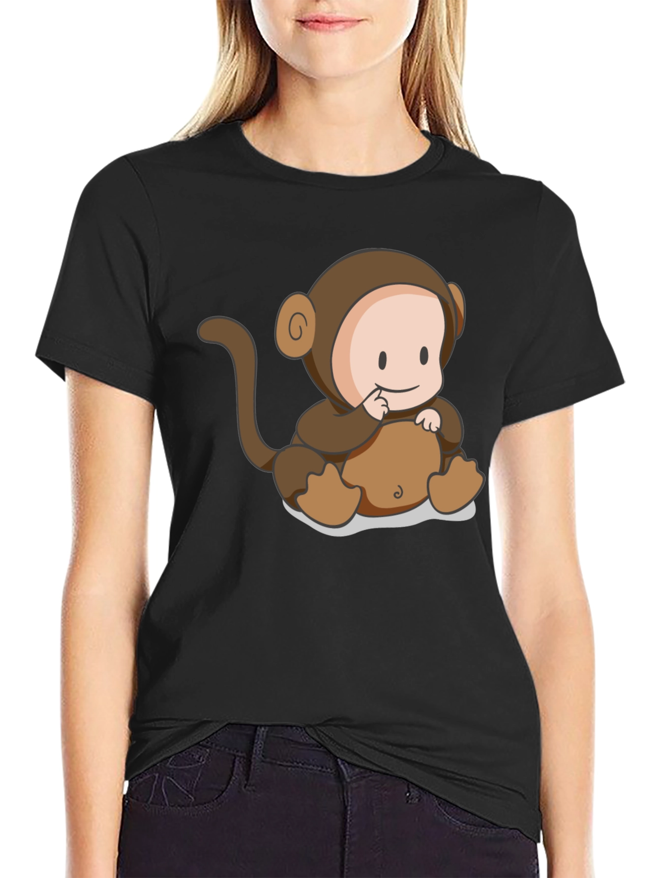 Black Cute Monkey Cartoon Black T-Shirt view 2