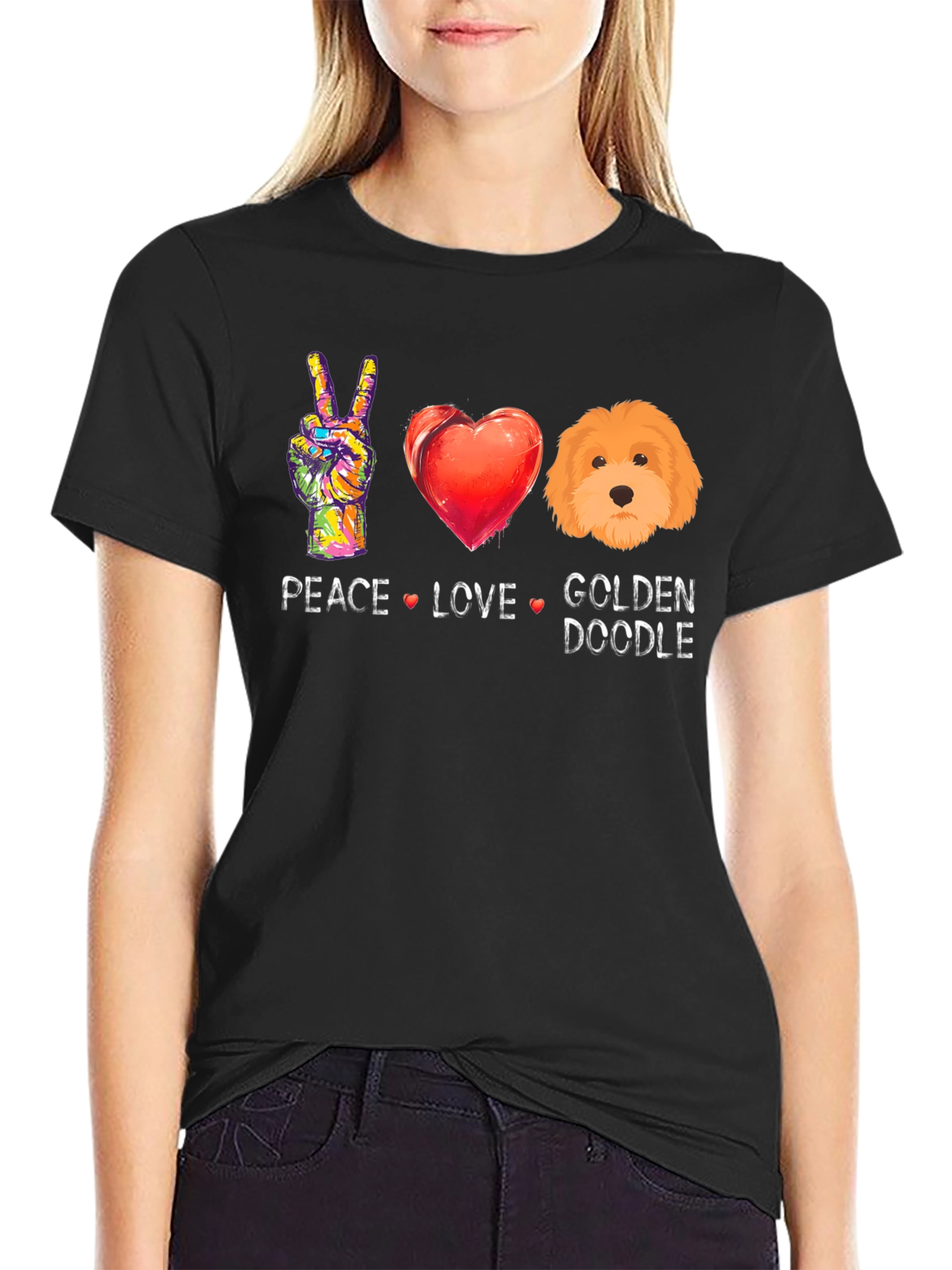 Black Peace Love Golden Doodle T-Shirt view 2