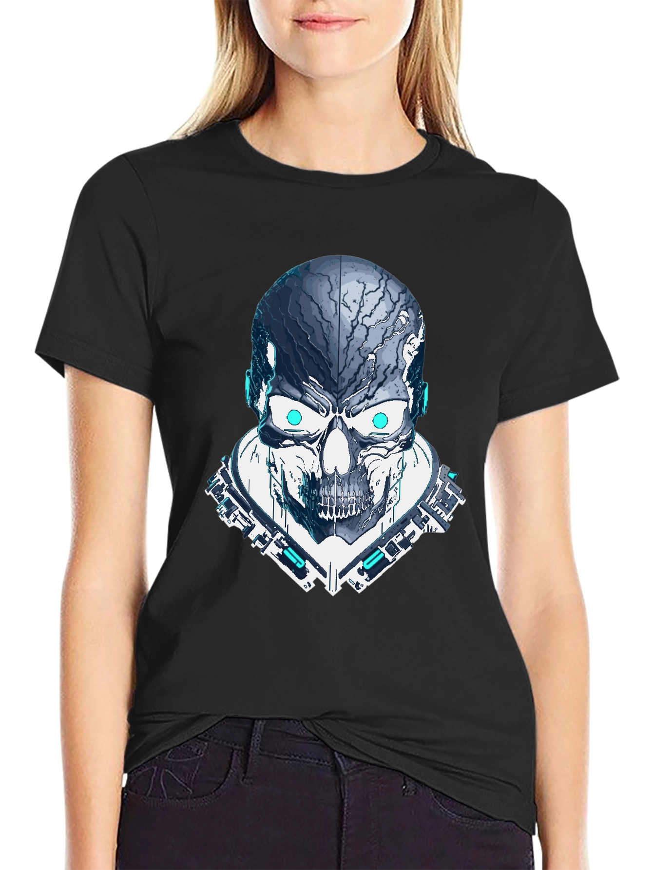 Black Cyber Skull Graphic Tee - Black view 2