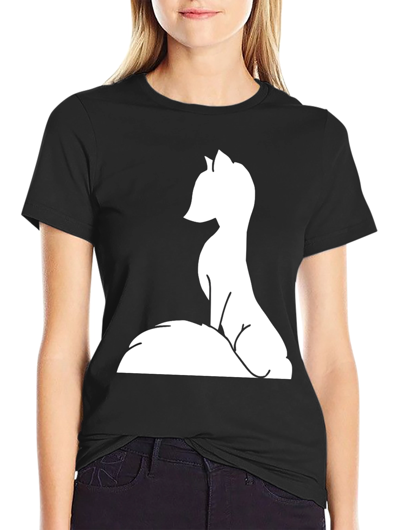 Black Minimalist Fox Tee - Black Graphic T-Shirt view 2