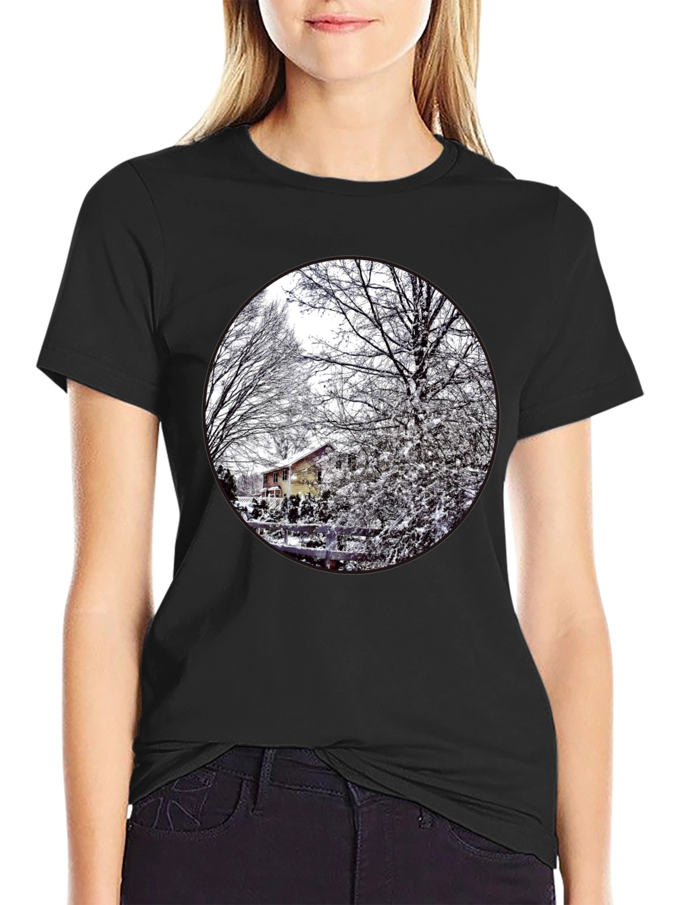 Black Winter Scene Graphic Tee - Black Cotton Blend view 2
