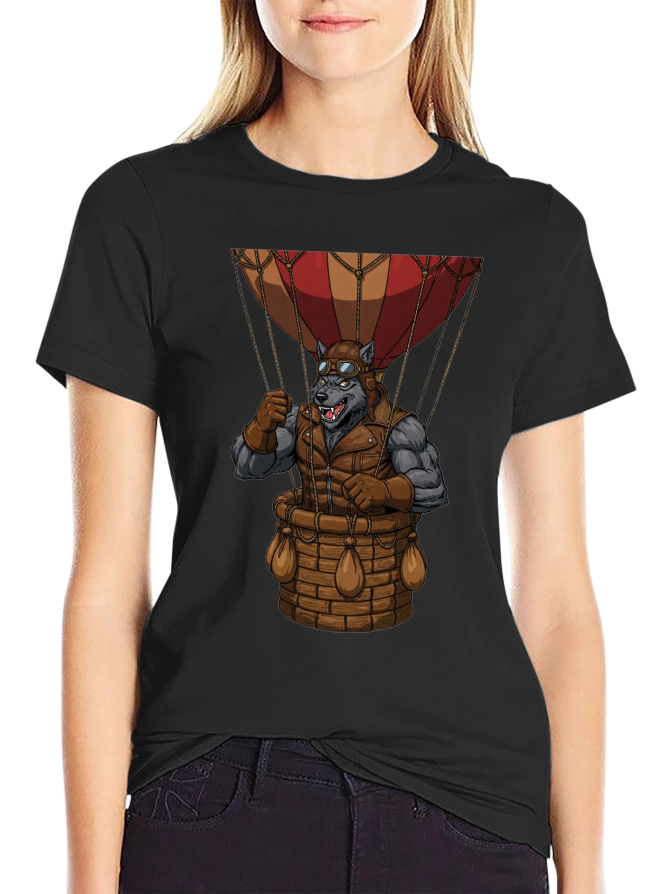 Black Steampunk Wolf Hot Air Balloon Graphic T-Shirt view 2