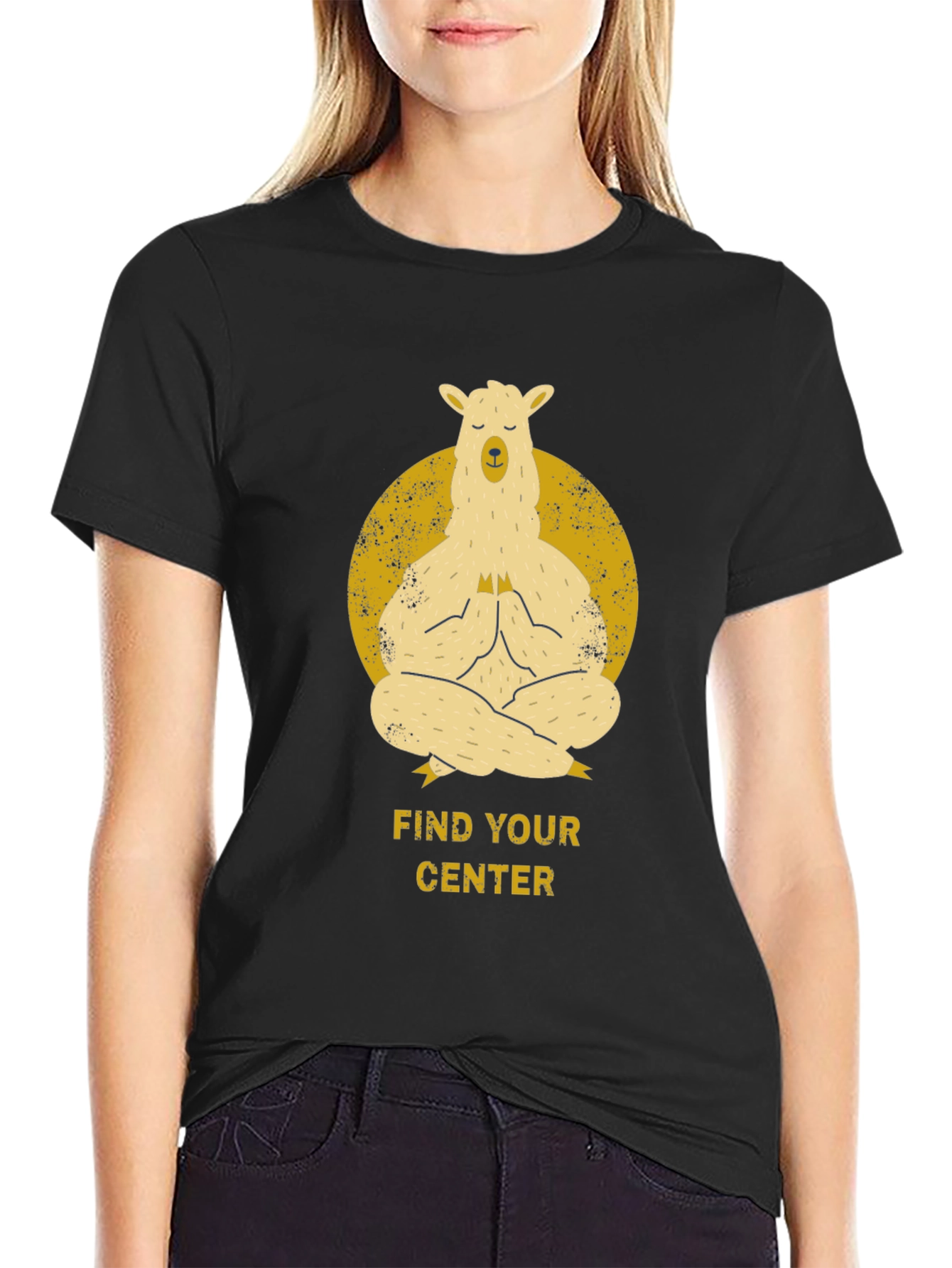 Black Find Your Center - Meditating Llama T-Shirt view 2