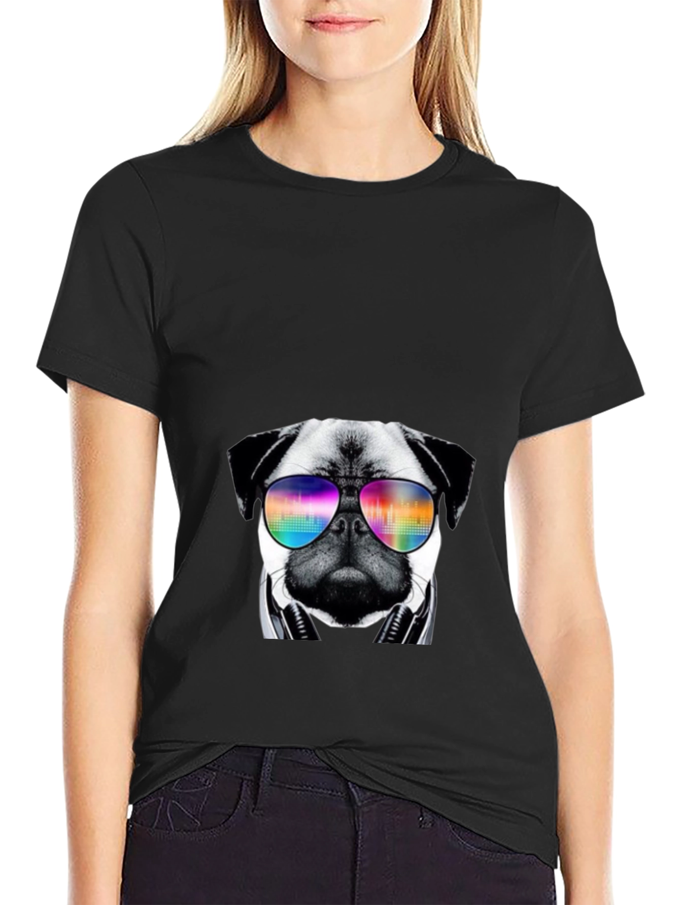 Black Cool Pug T-Shirt with Headphones and Sunglasses view 2