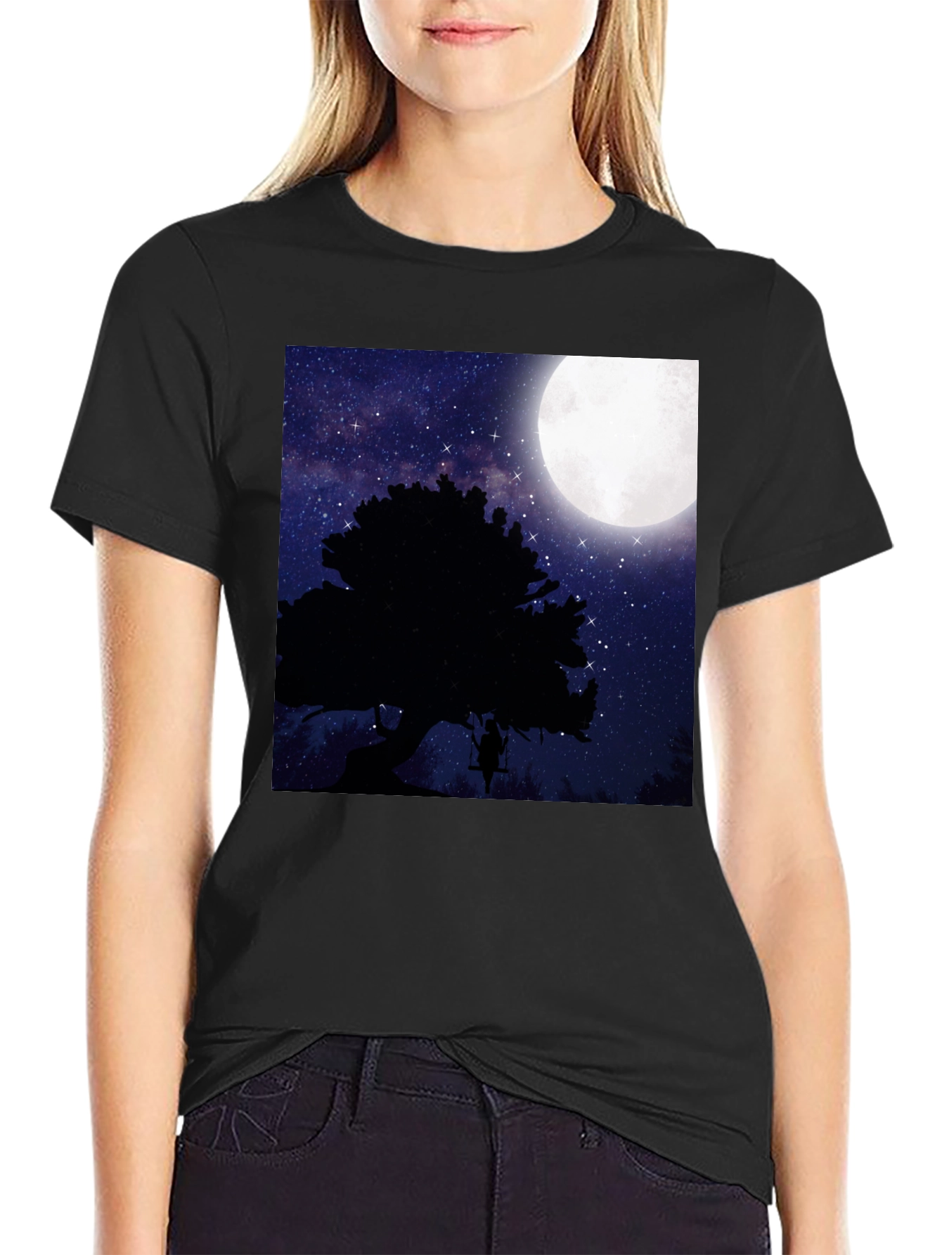 Black Moonlit Swing T-Shirt - Night Sky Tree Silhouette view 2