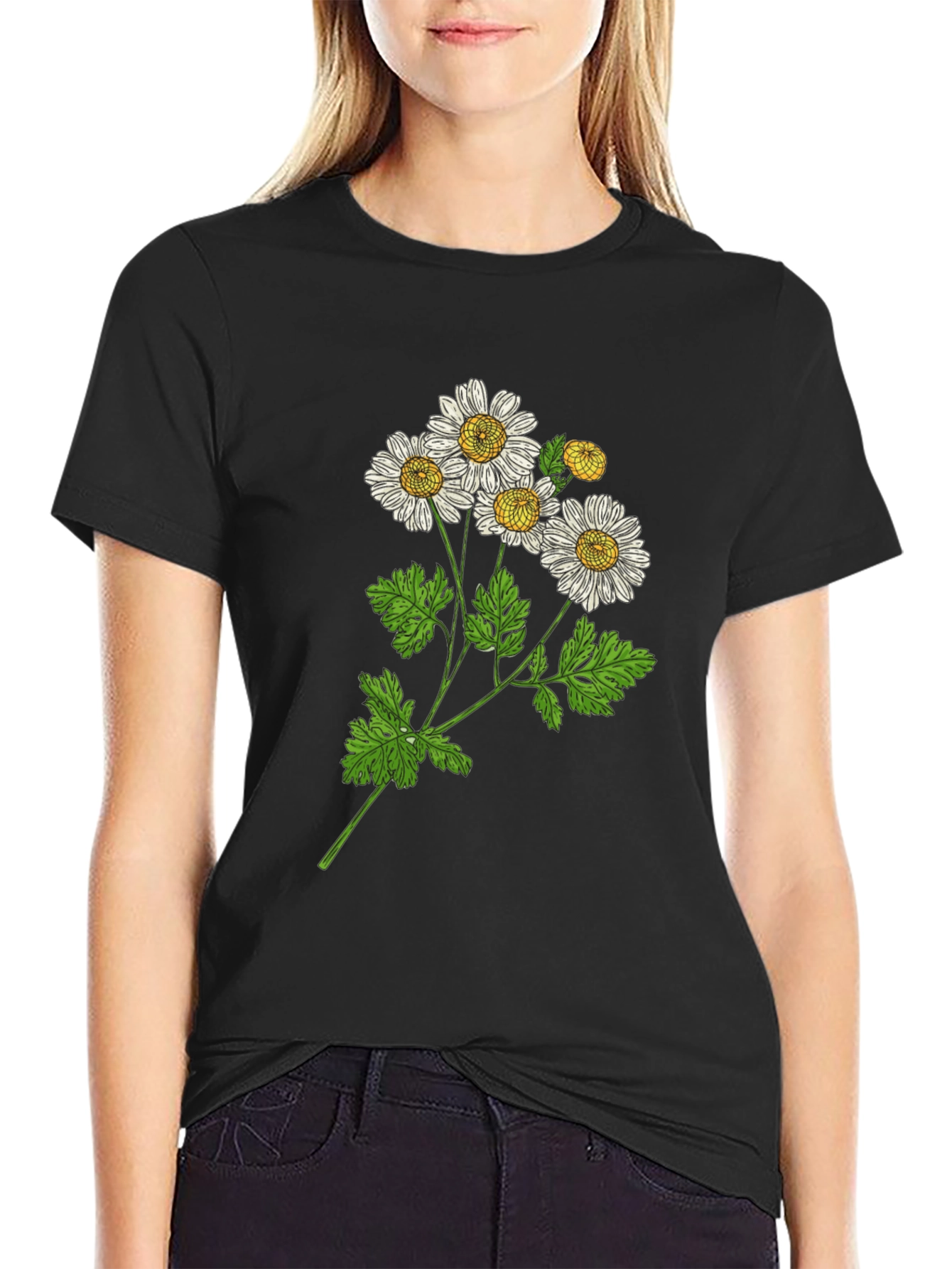 Black Botanical Daisy Graphic T-Shirt - Black view 2