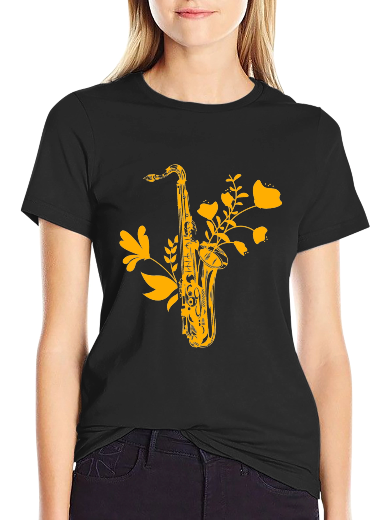 Black Saxophone Floral Graphic Tee - Black Cotton Comfort view 2