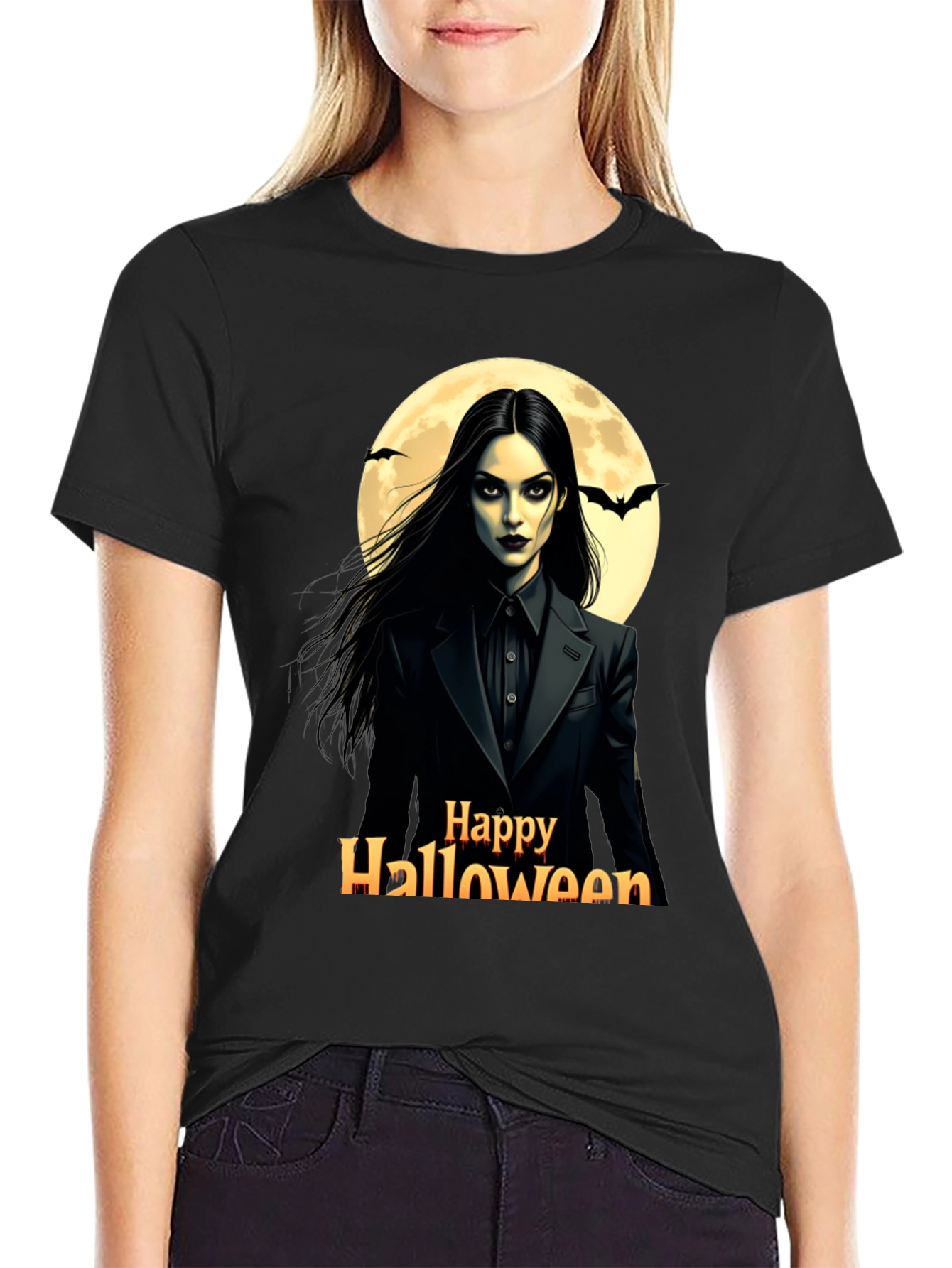 Black Happy Halloween Wednesday T-Shirt view 2