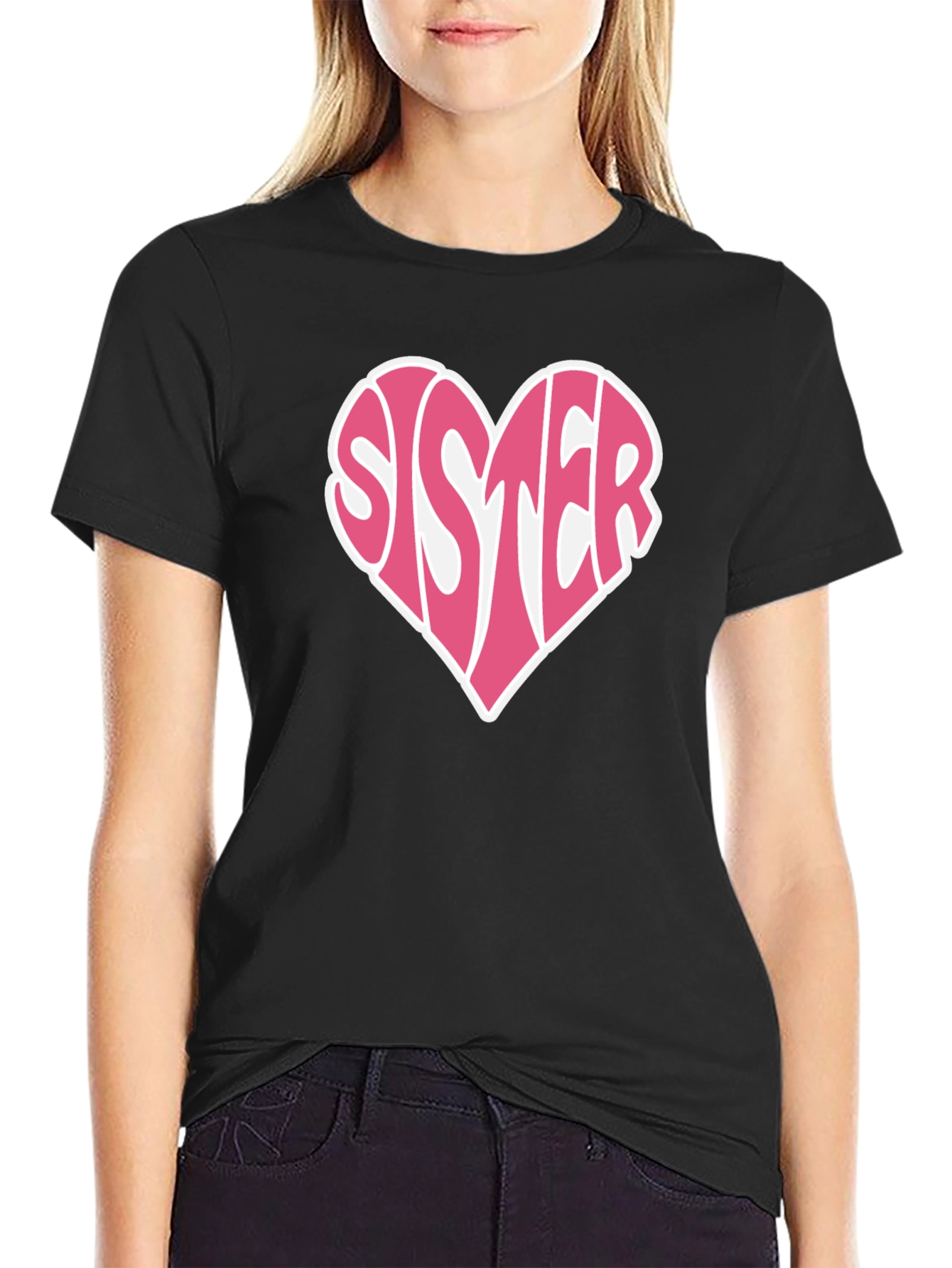 Black Sister Heart Graphic Tee - Soft Cotton Black T-Shirt view 2