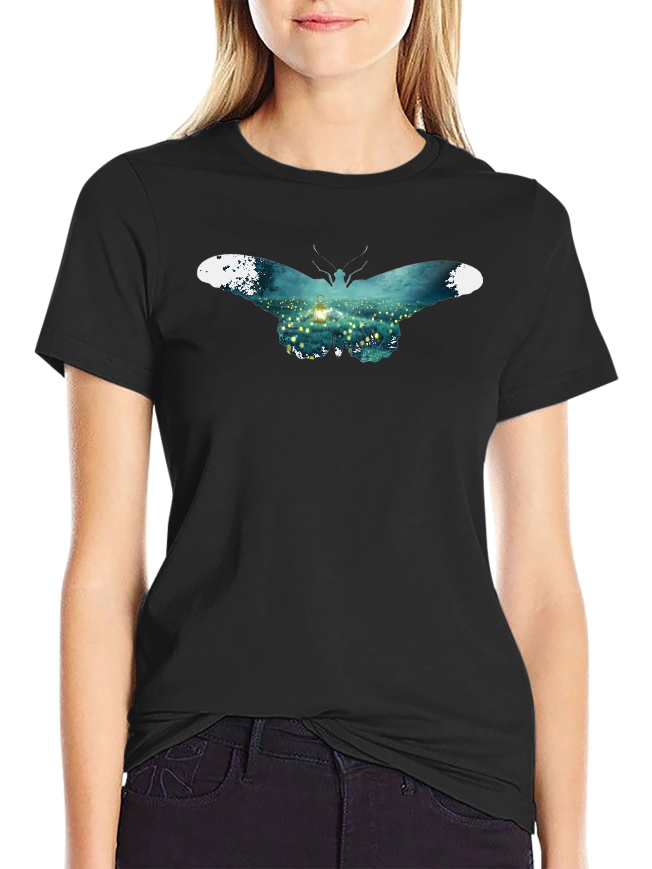 Butterfly Lantern Graphic Black T-Shirt - 2