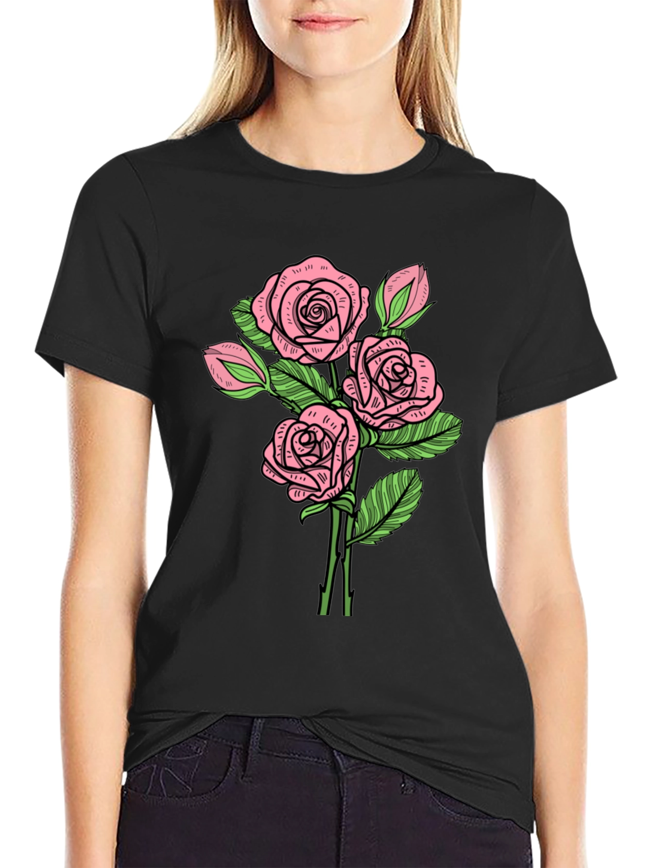 Black Floral Rose Print Crew Neck T-Shirt view 2