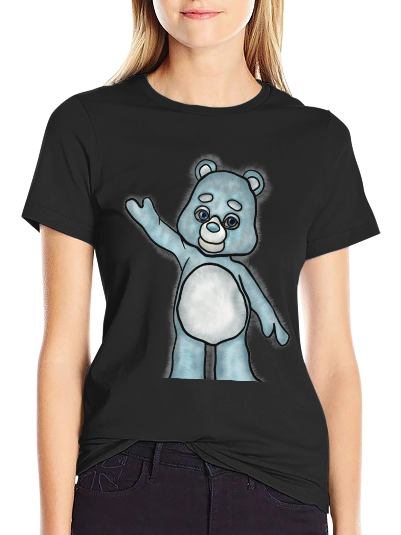 Black Cute Cartoon Bear Graphic T-Shirt - Black Cotton Tee view 2