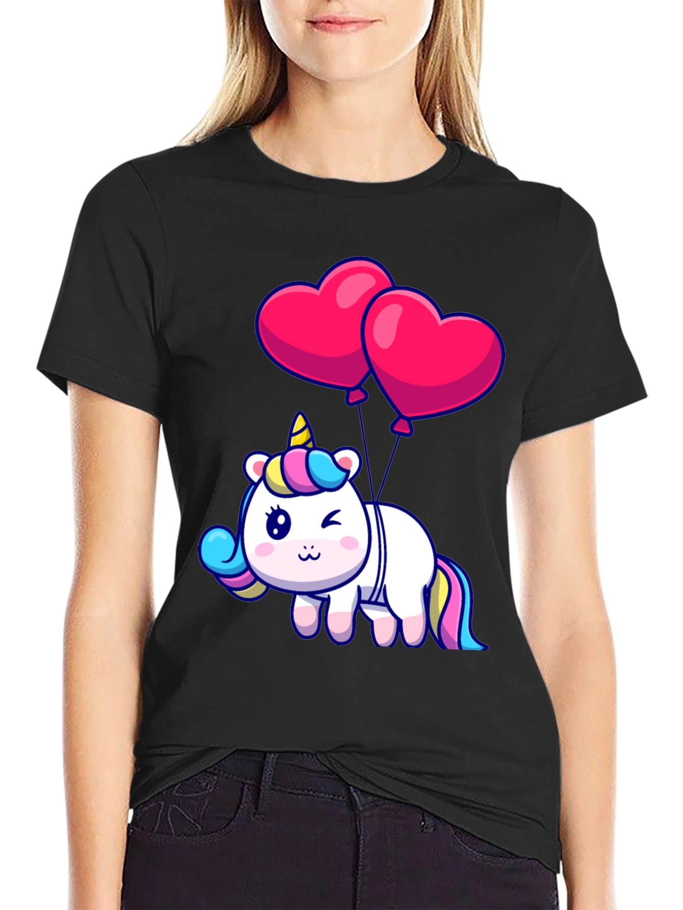 Black Unicorn with Heart Balloons Graphic Tee view 2