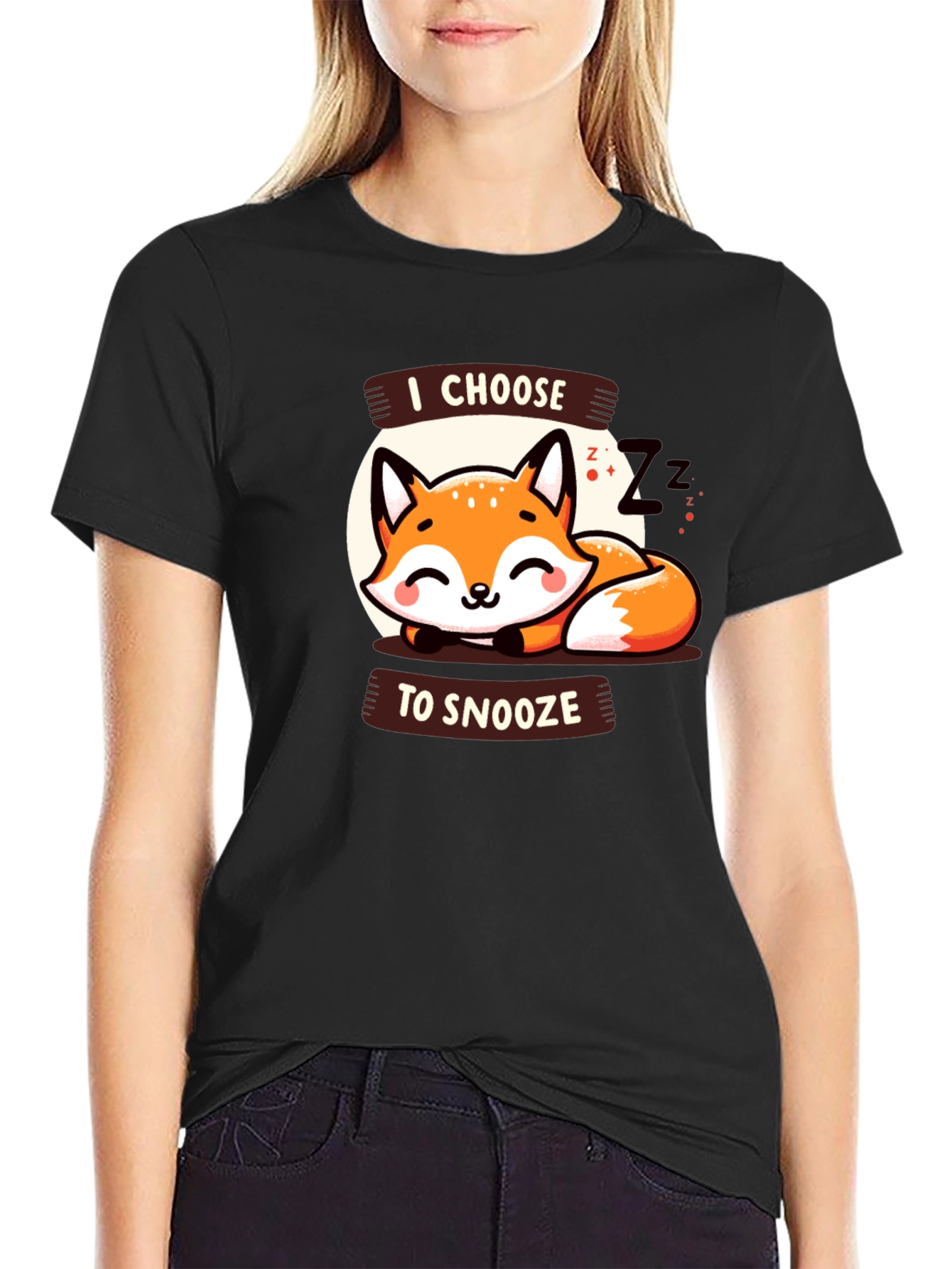Black Cute Fox Snooze Graphic Tee - Black view 2