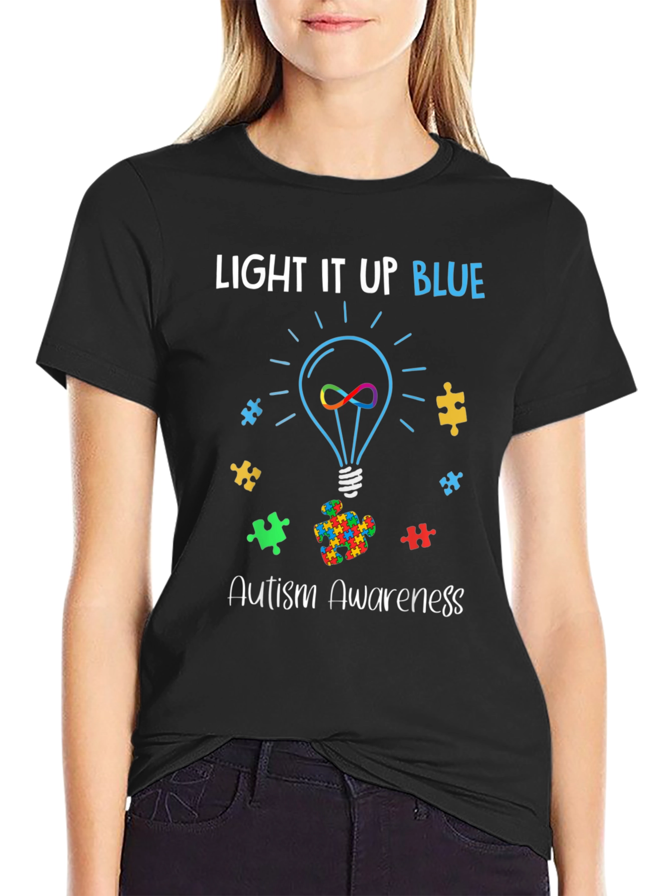 Black Autism Awareness Light It Up Blue T-Shirt view 2