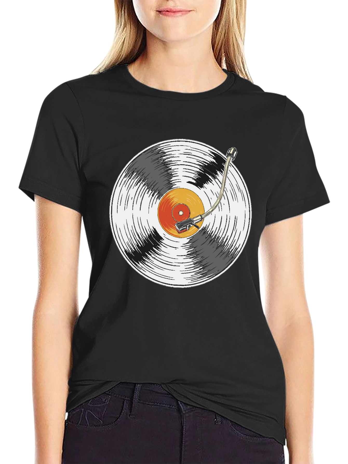 Black Retro Vinyl Record Player Graphic T-Shirt view 2