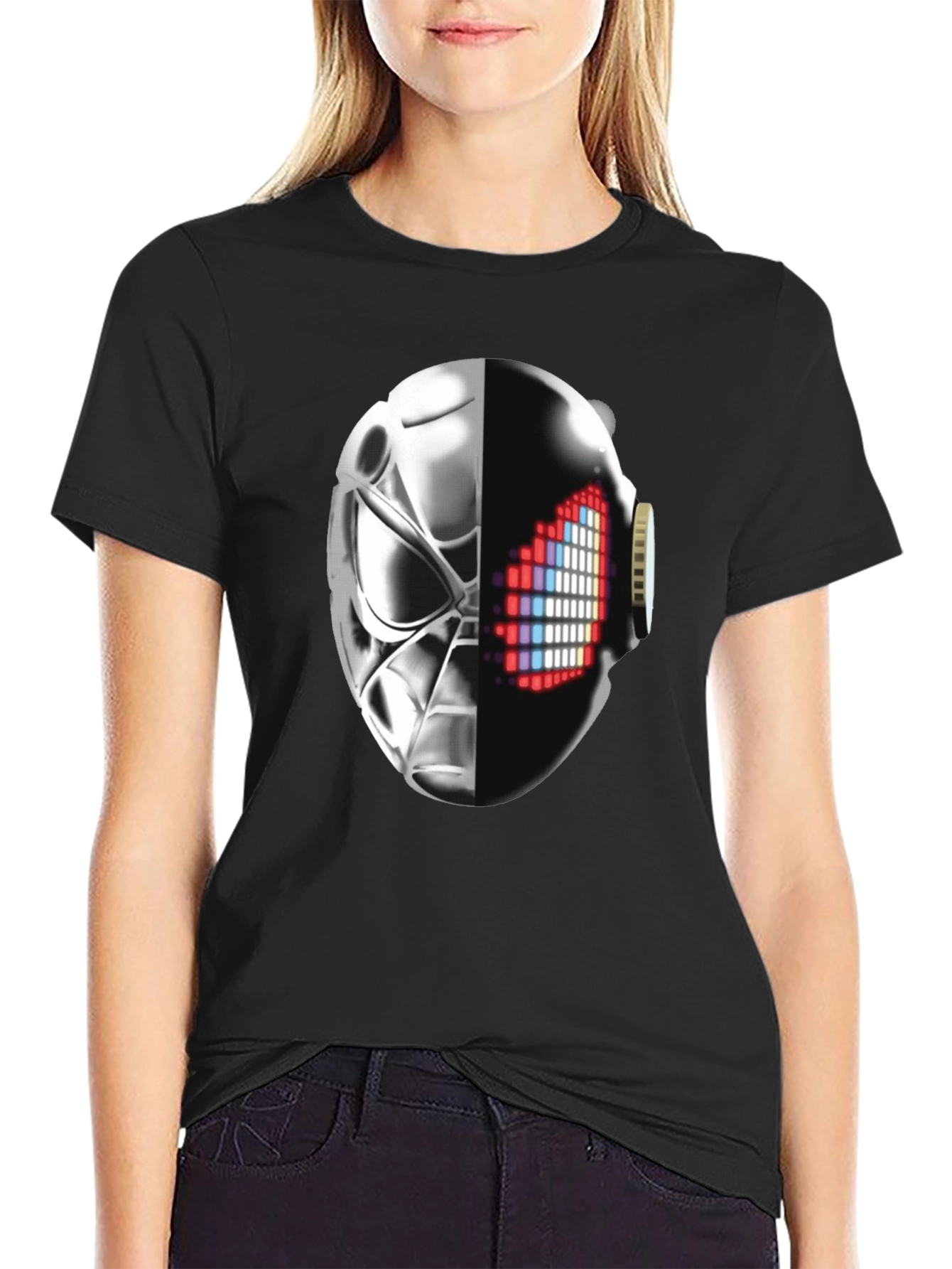Black Cyberpunk Half-Mask Graphic T-Shirt - Black view 2