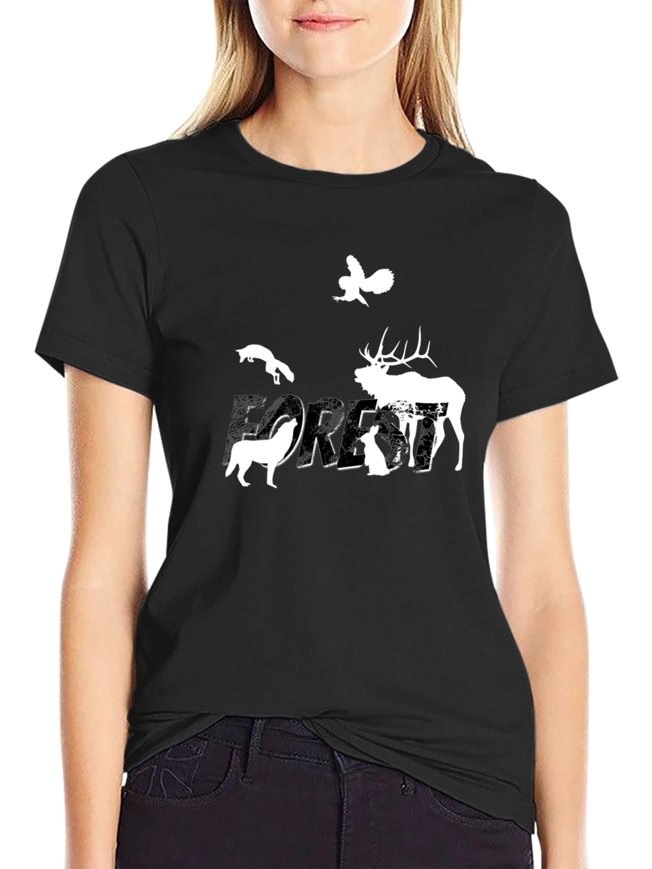 Black Nature Forest Animals Graphic Print Crew Neck Tee view 2