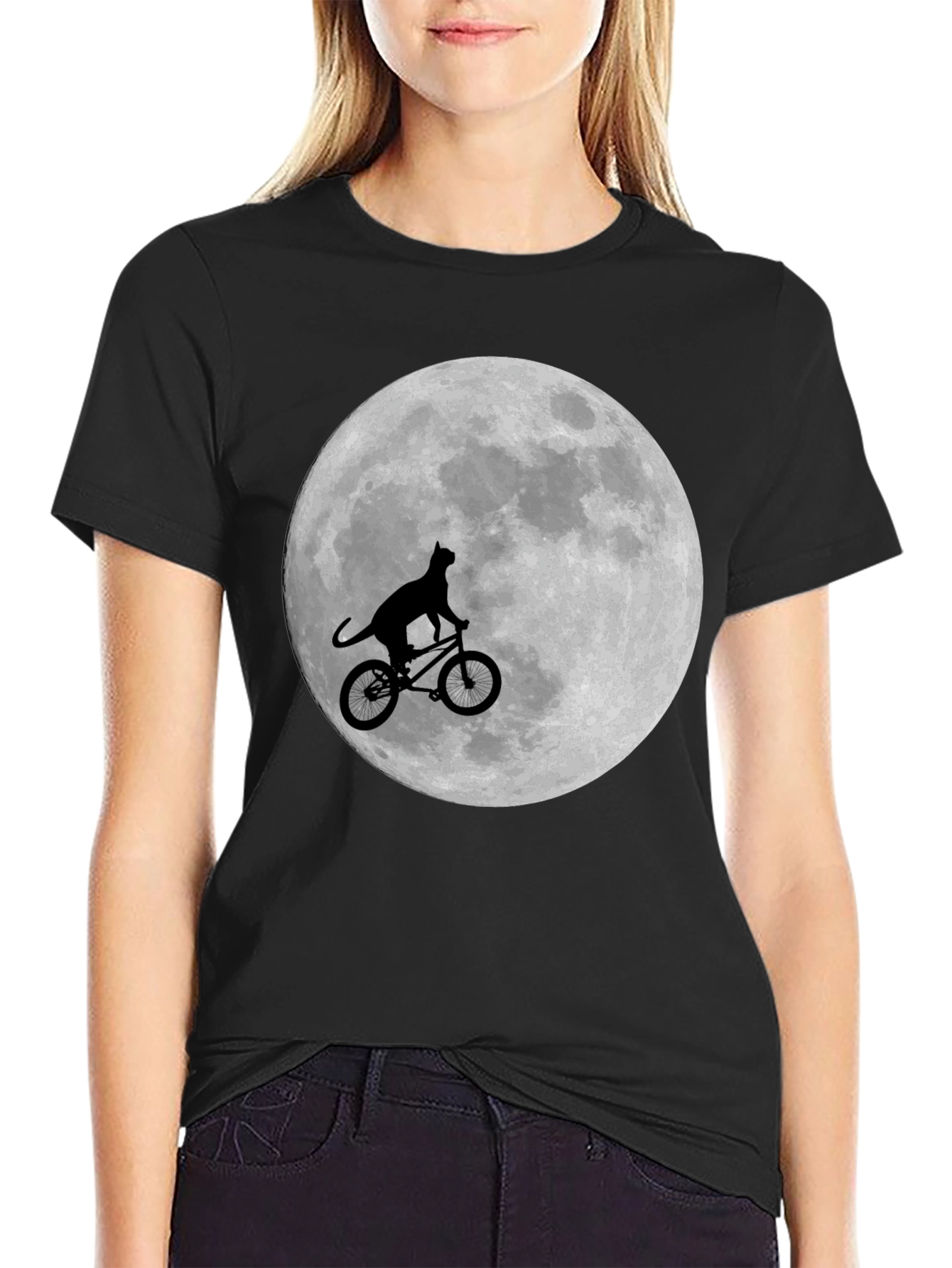 Black Cat on Bike Moon Graphic T-Shirt view 2