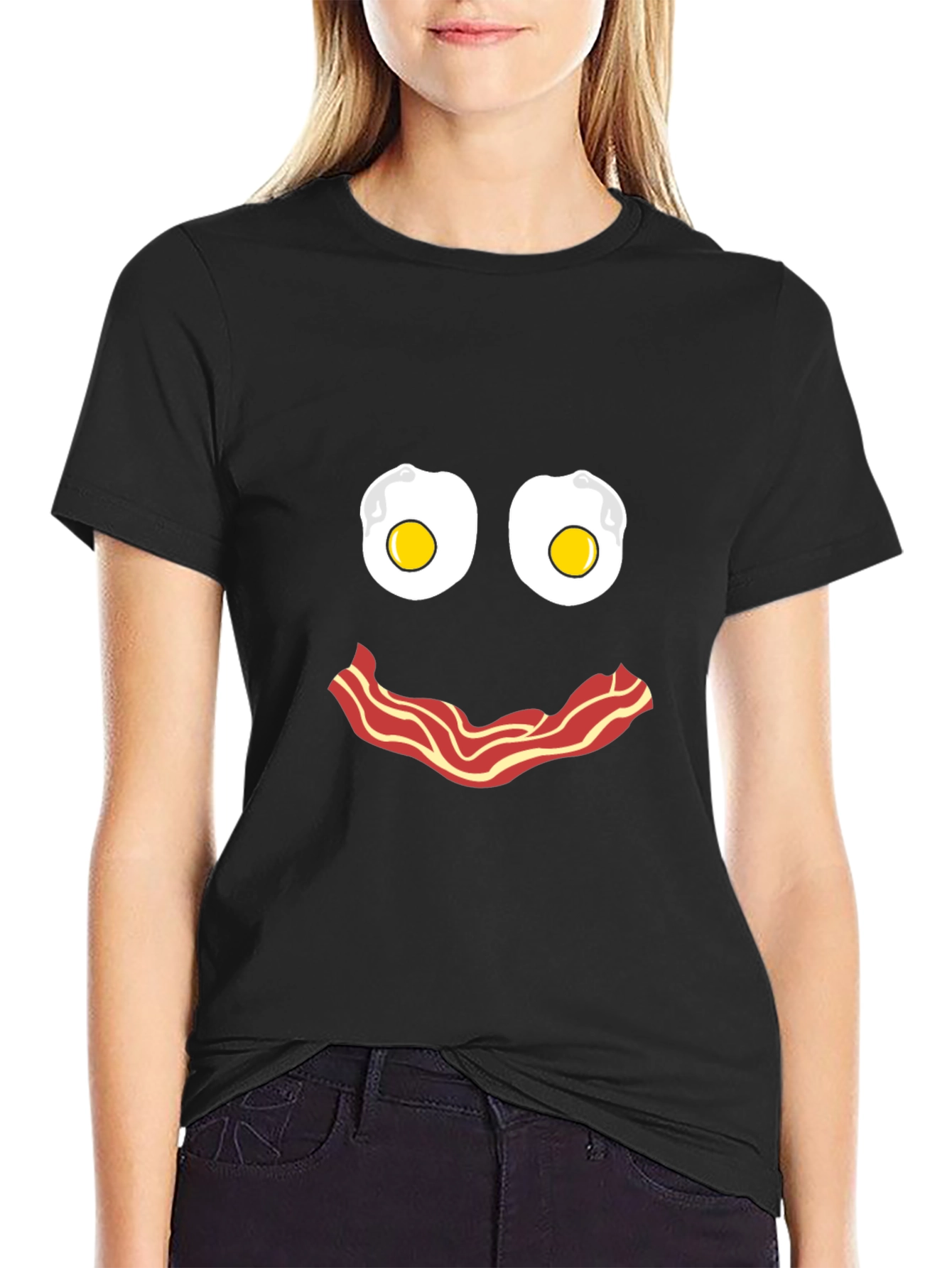 Black Funny Breakfast Face T-Shirt: Eggs and Bacon Graphic Tee view 2