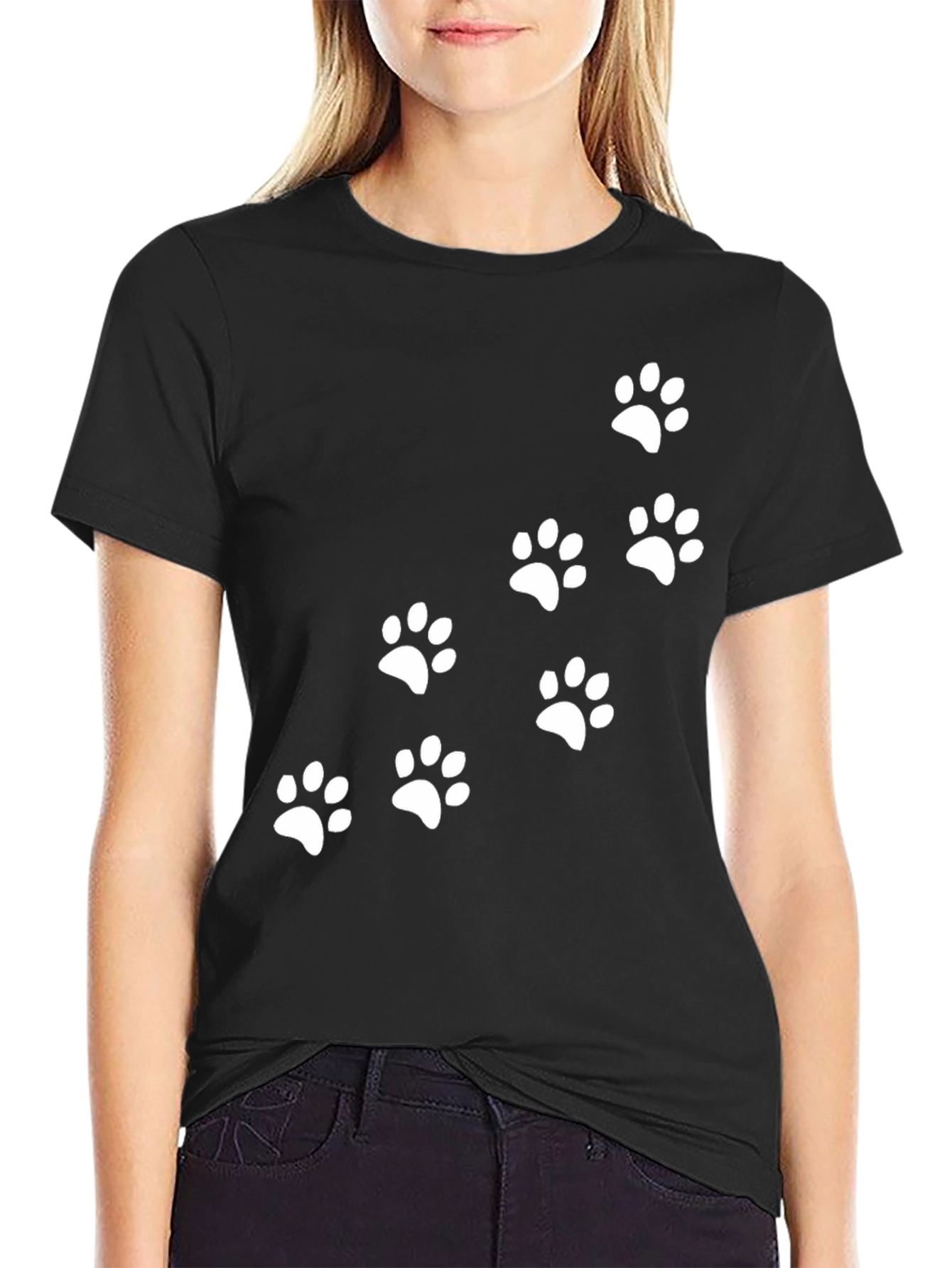 Black Paw Print Graphic T-Shirt - Black Crew Neck view 2