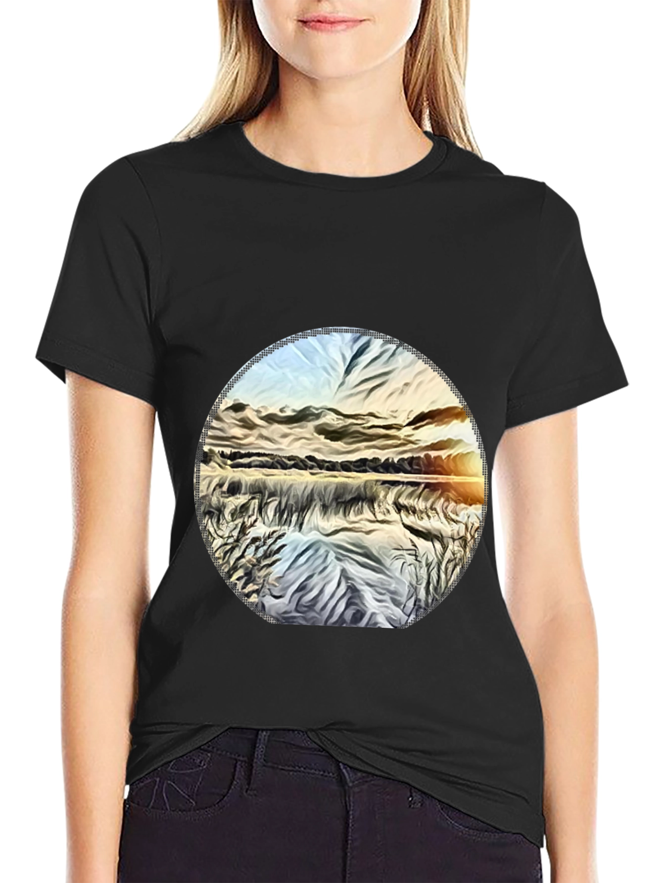 Black Sunset Lake Graphic Tee - Black Casual T-Shirt view 2