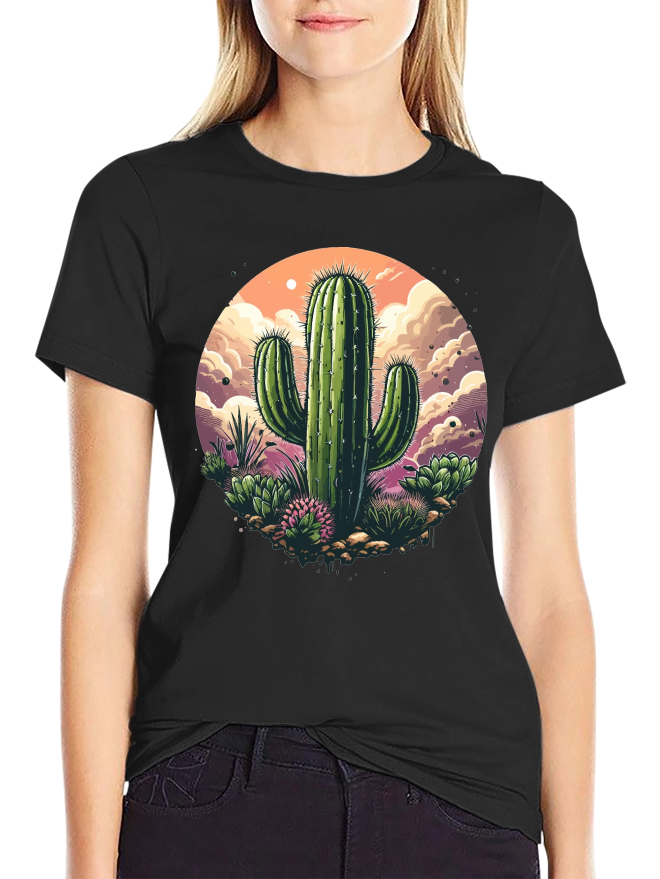 Black Cactus Graphic T-Shirt - Desert Scene view 2