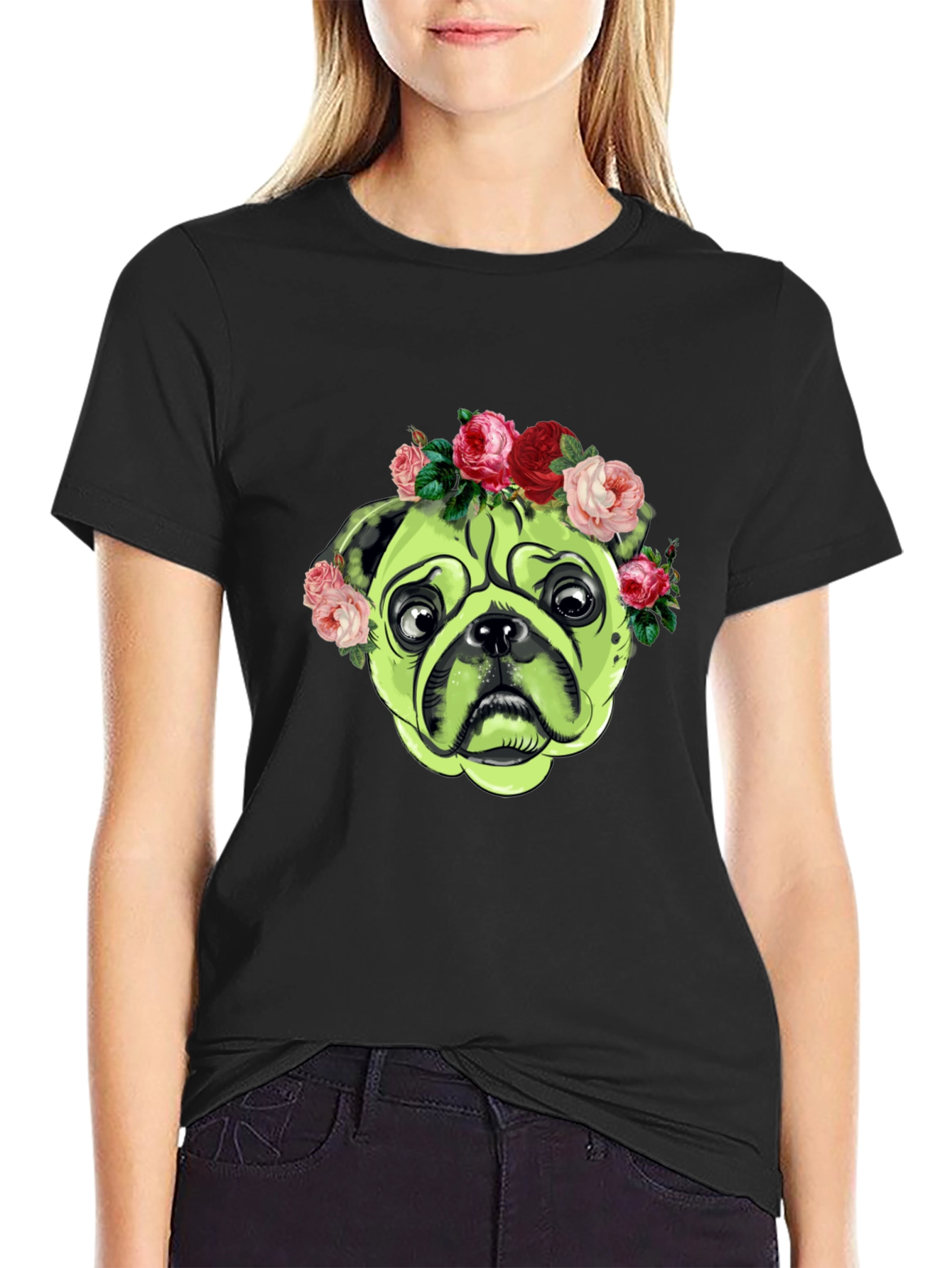 Black Pug with Floral Crown Graphic T-Shirt view 2