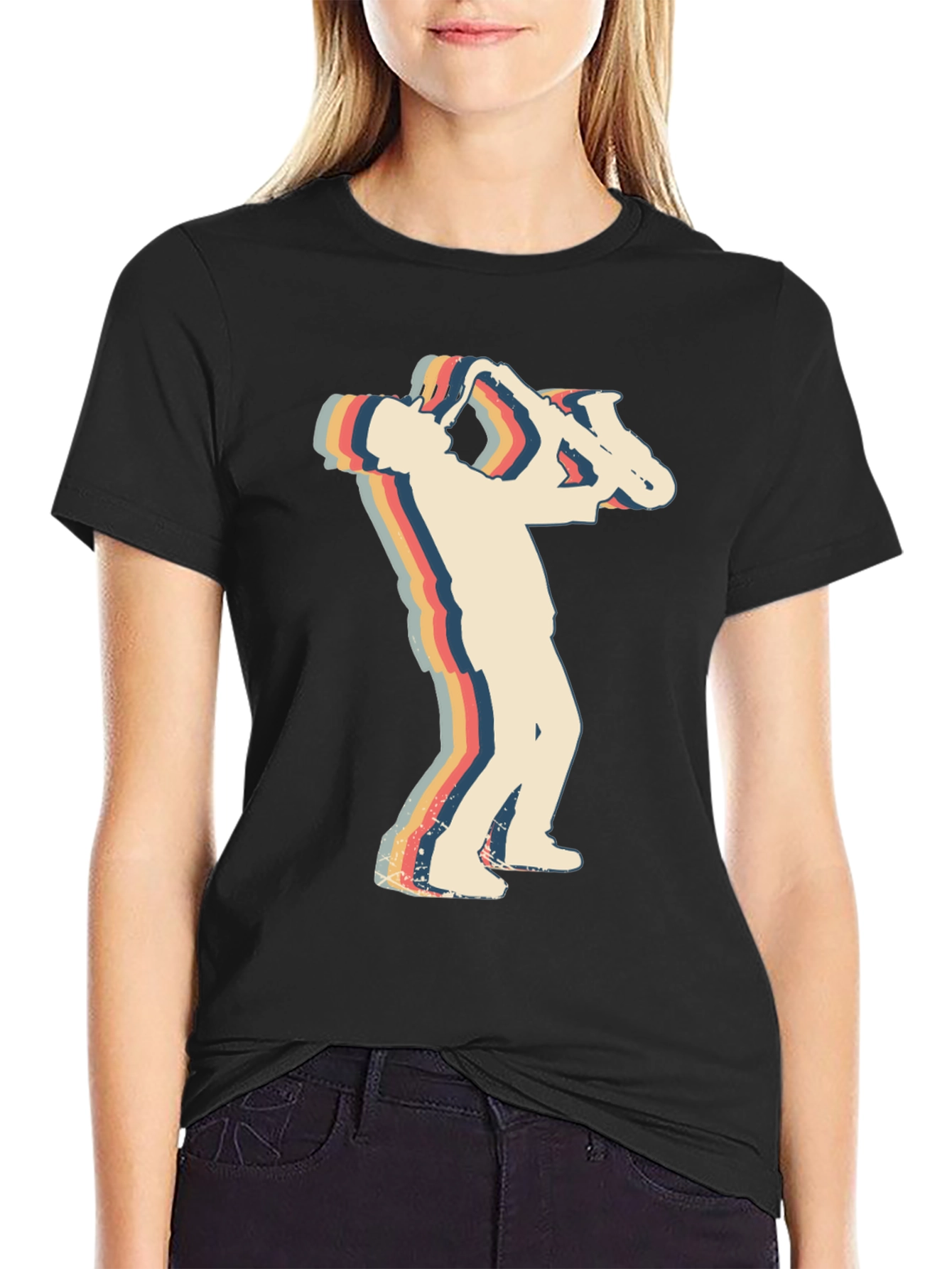 Black Retro Saxophone Player Black T-Shirt view 2