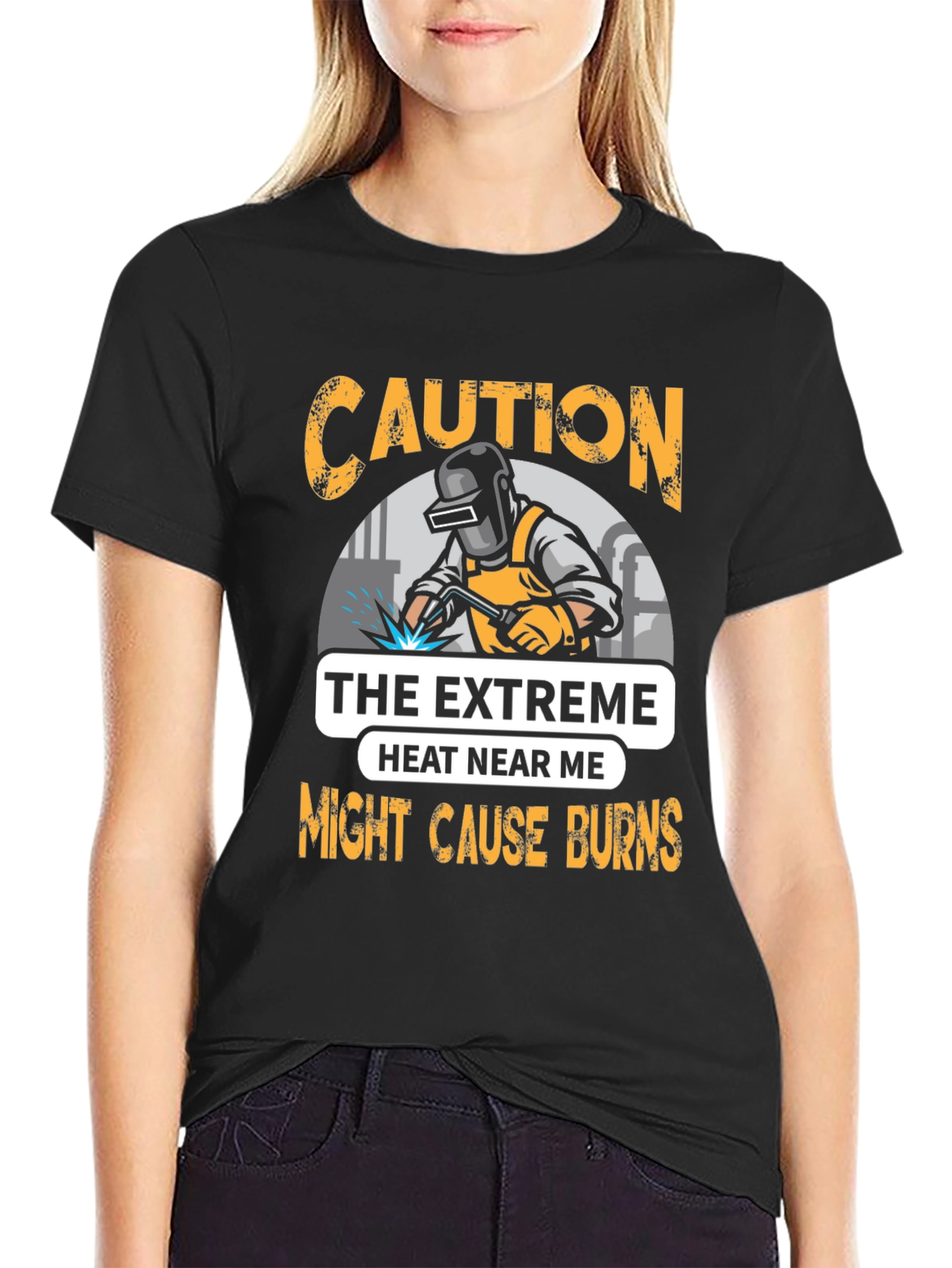 Black Caution Welder T-Shirt: Extreme Heat Burns Risk view 2